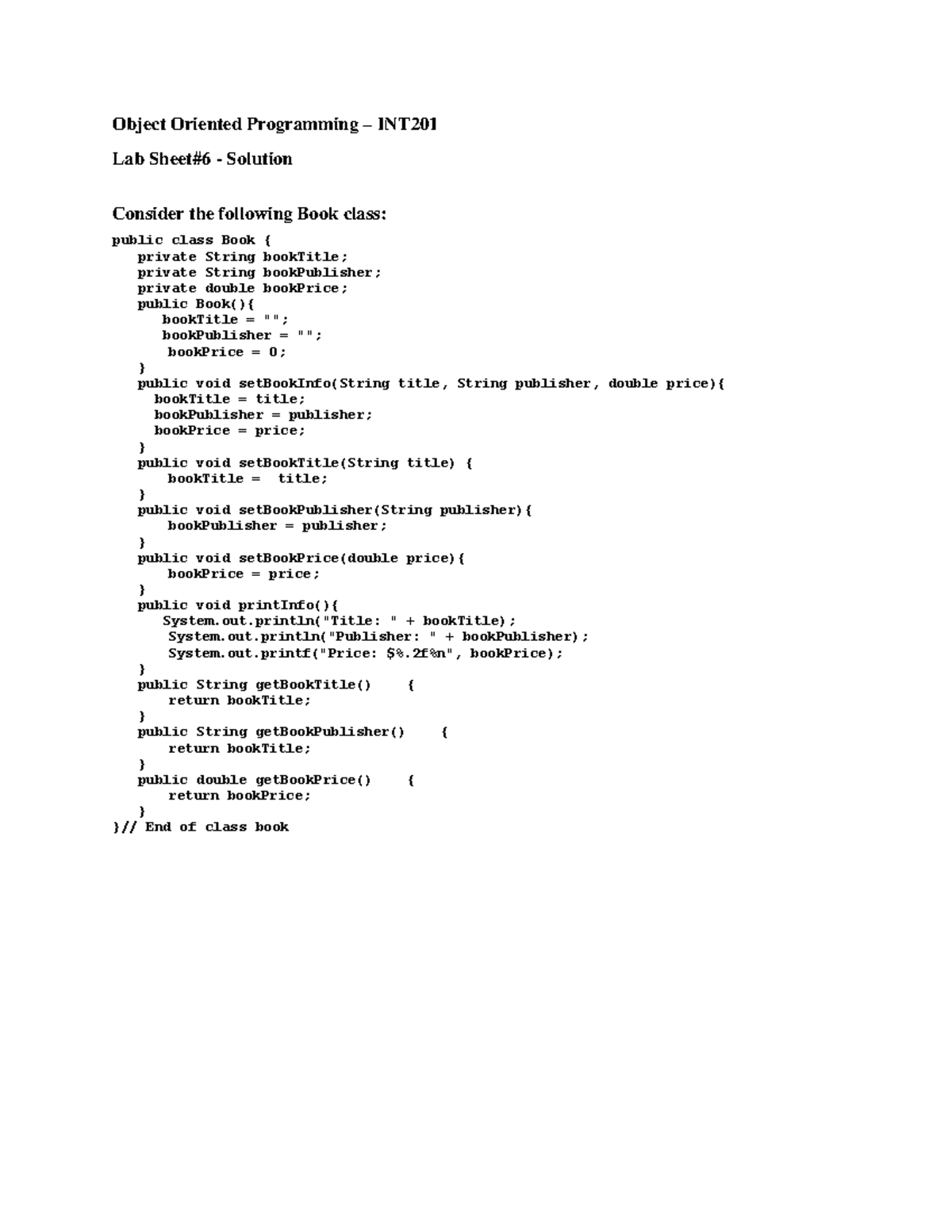 Lab Sheet #6: Object Oriented Programming INT201 Lab Solutions - Studocu