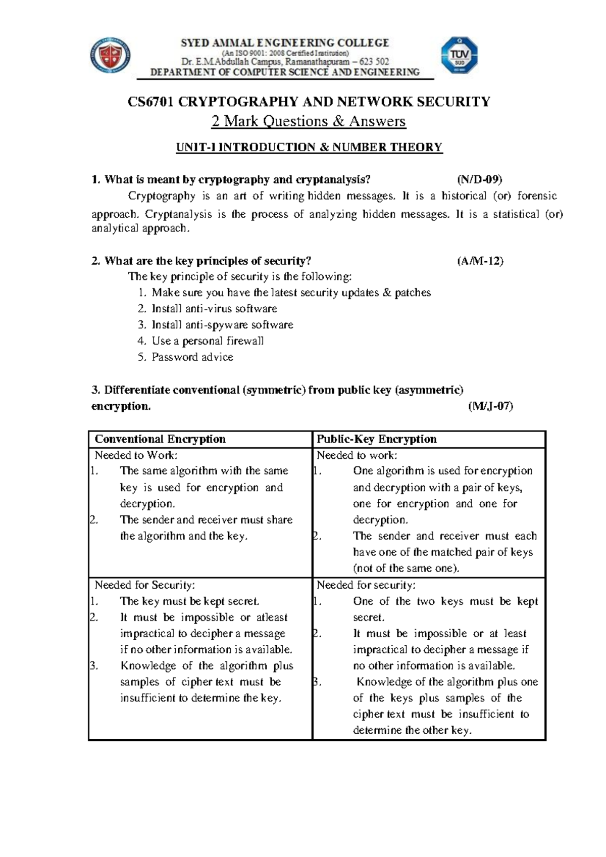 CS6701 Cryptography and Network Security: 2 Mark Q&A Study Guide - Studocu