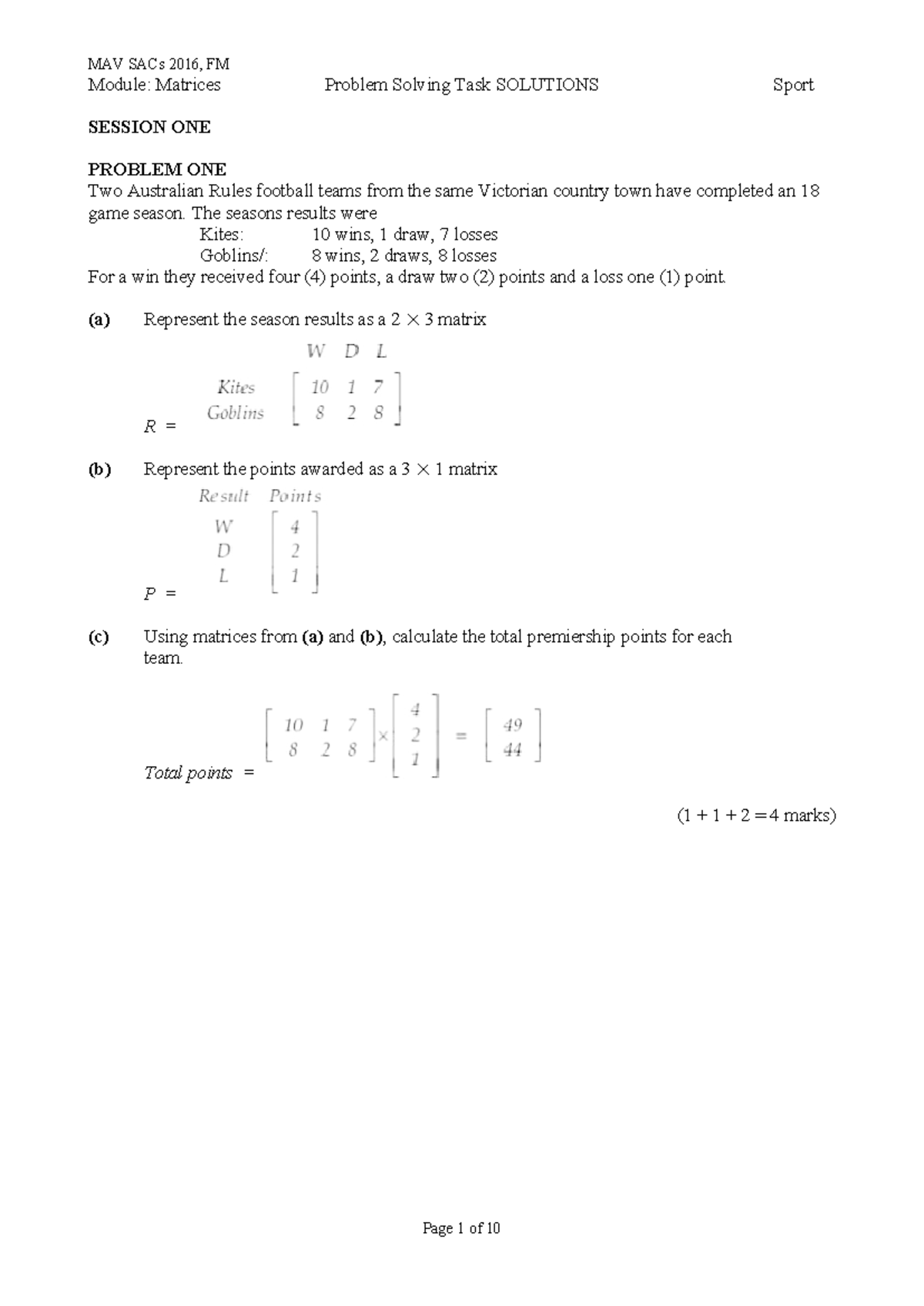 MAV SAC34 Sport: Matrices Problem Solving Task Solutions - Studocu