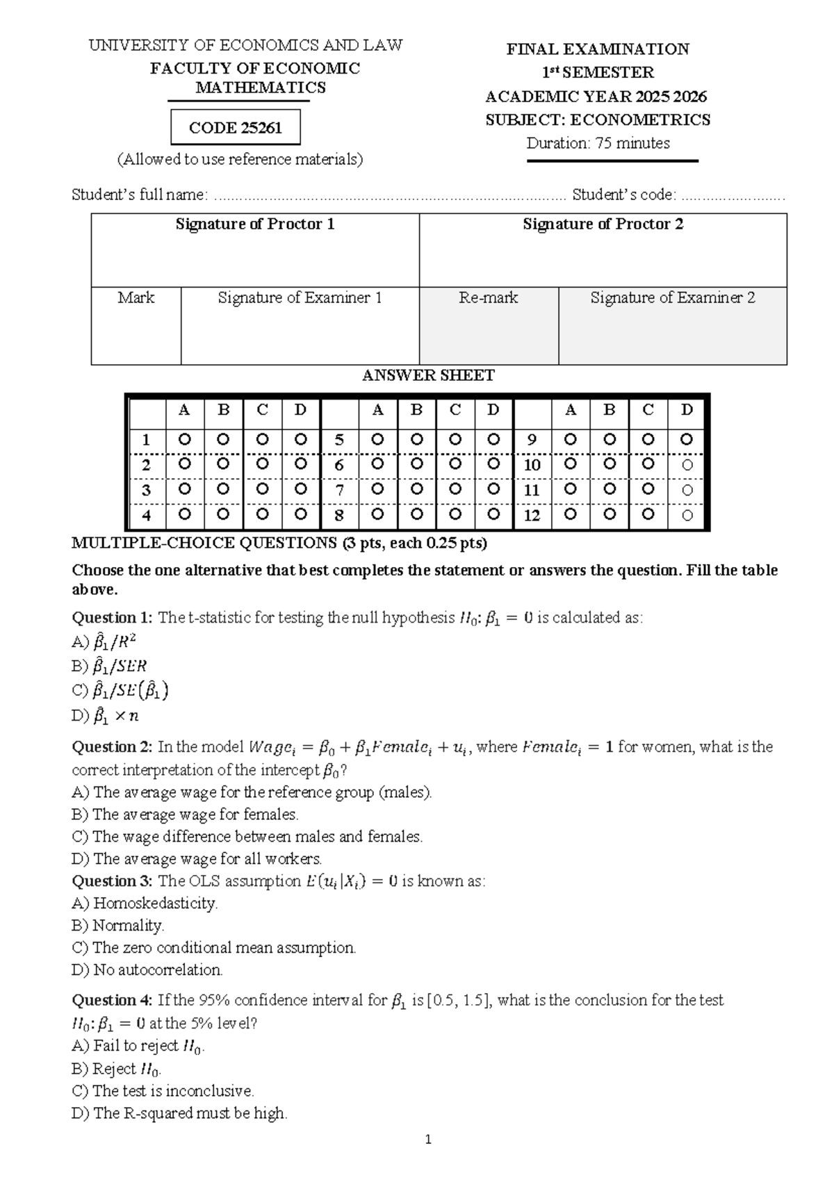 KTL 25261 Final Exam - Econometrics Test Document UEL 2025-2026 - Studocu