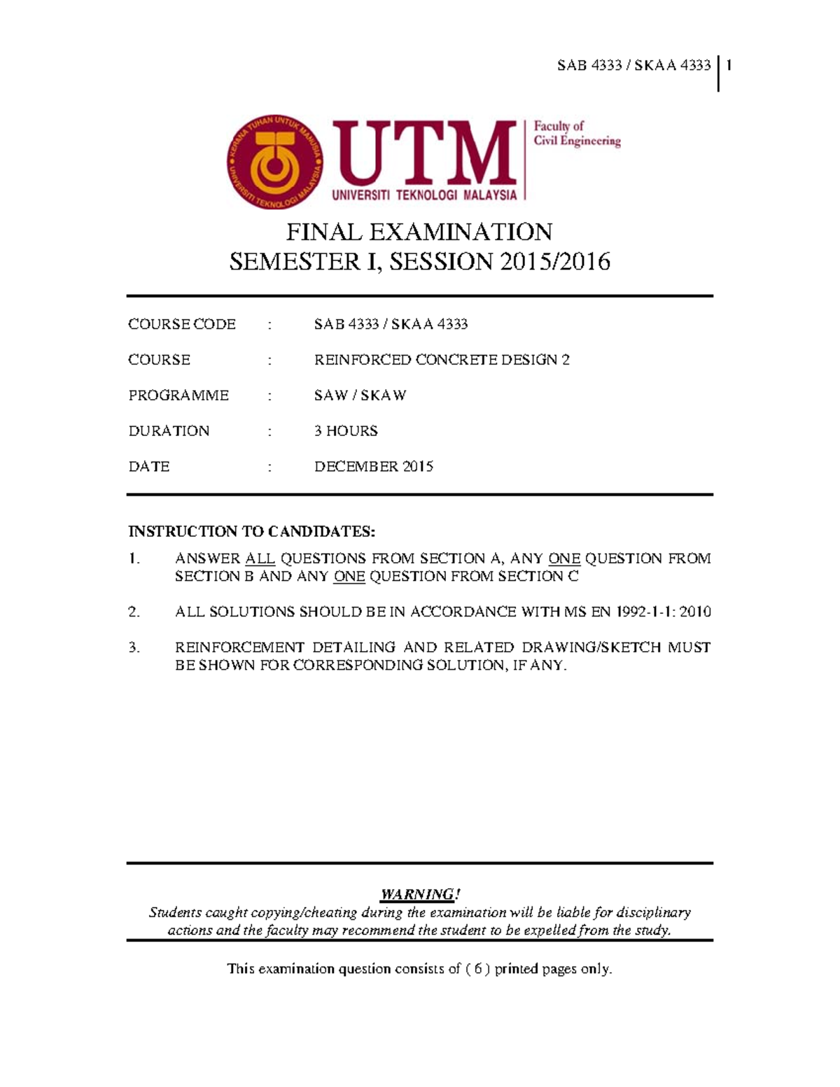 Exam June 2016, questions - SAB SKAA 1 FINAL EXAMINATION SEMESTER I ...
