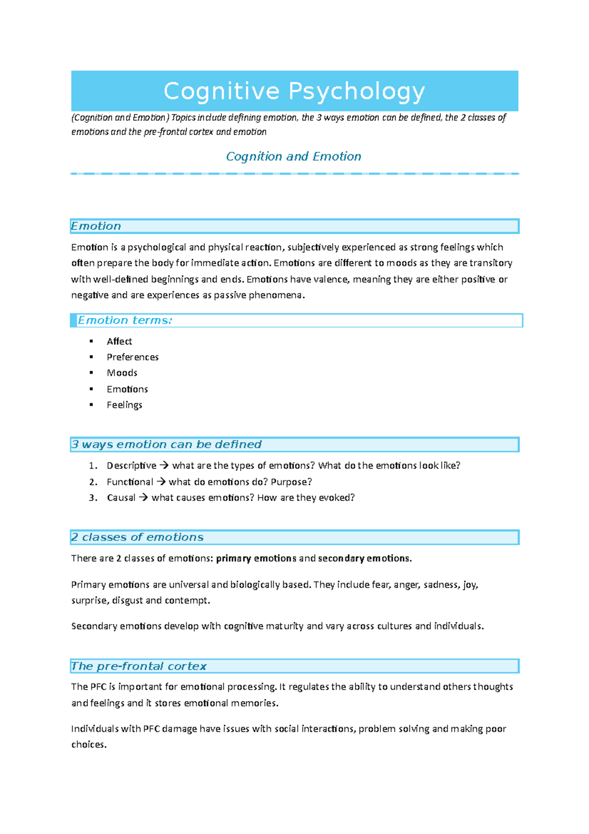 Cognitive Psychology - Emotion Analysis & Concepts (CP-Emo) - Studocu