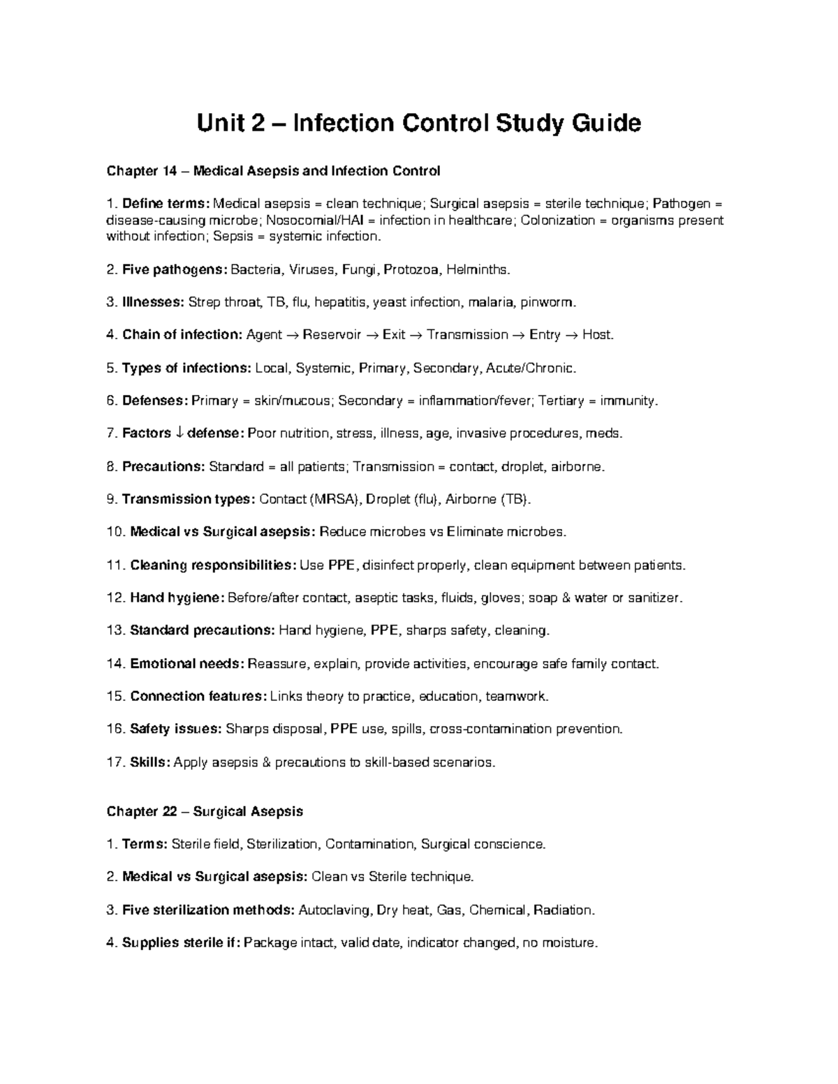 Unit 2 Infection Control Study Guide: Medical & Surgical Asepsis - Studocu