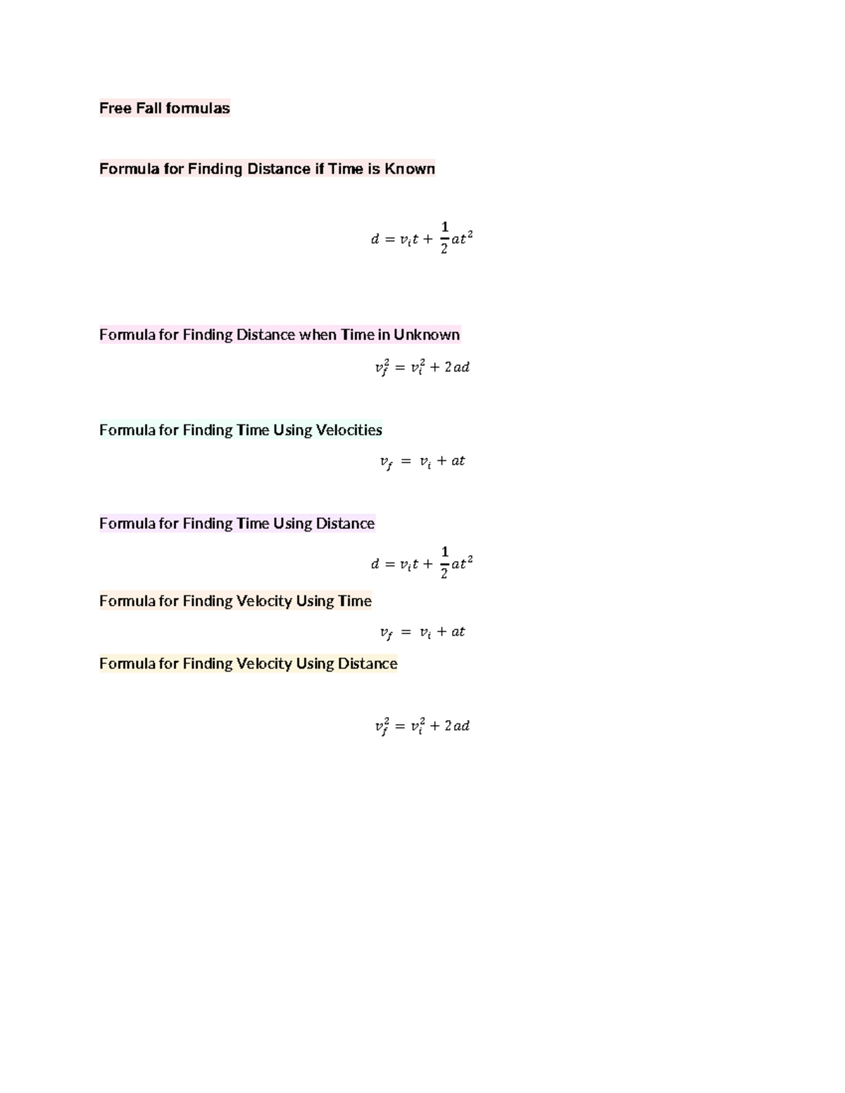 Free Fall formulas - PHYS 1144 - Free Fall formulas Formula for Finding ...
