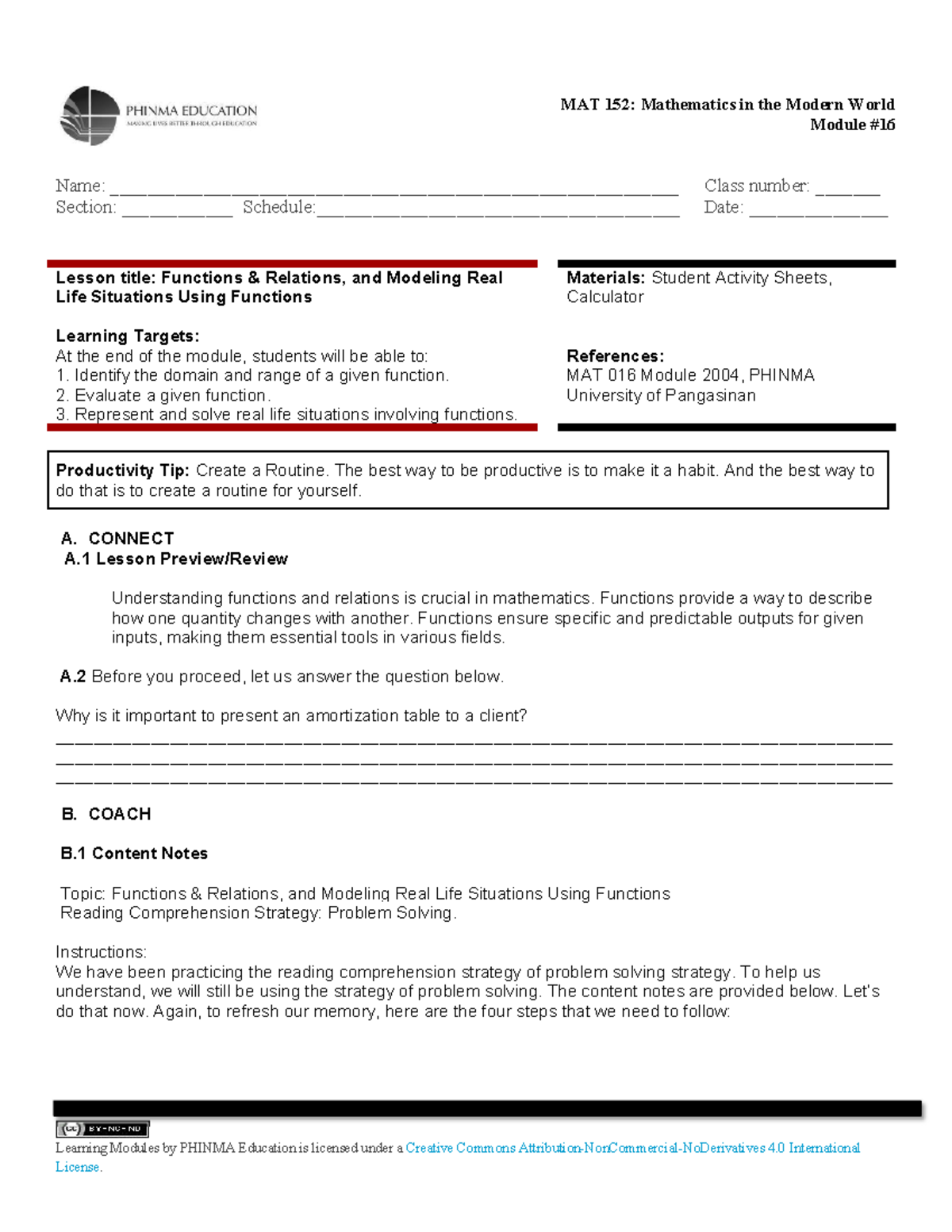 MAT 152: Functions, Relations, and Real-Life Modeling Techniques - Studocu