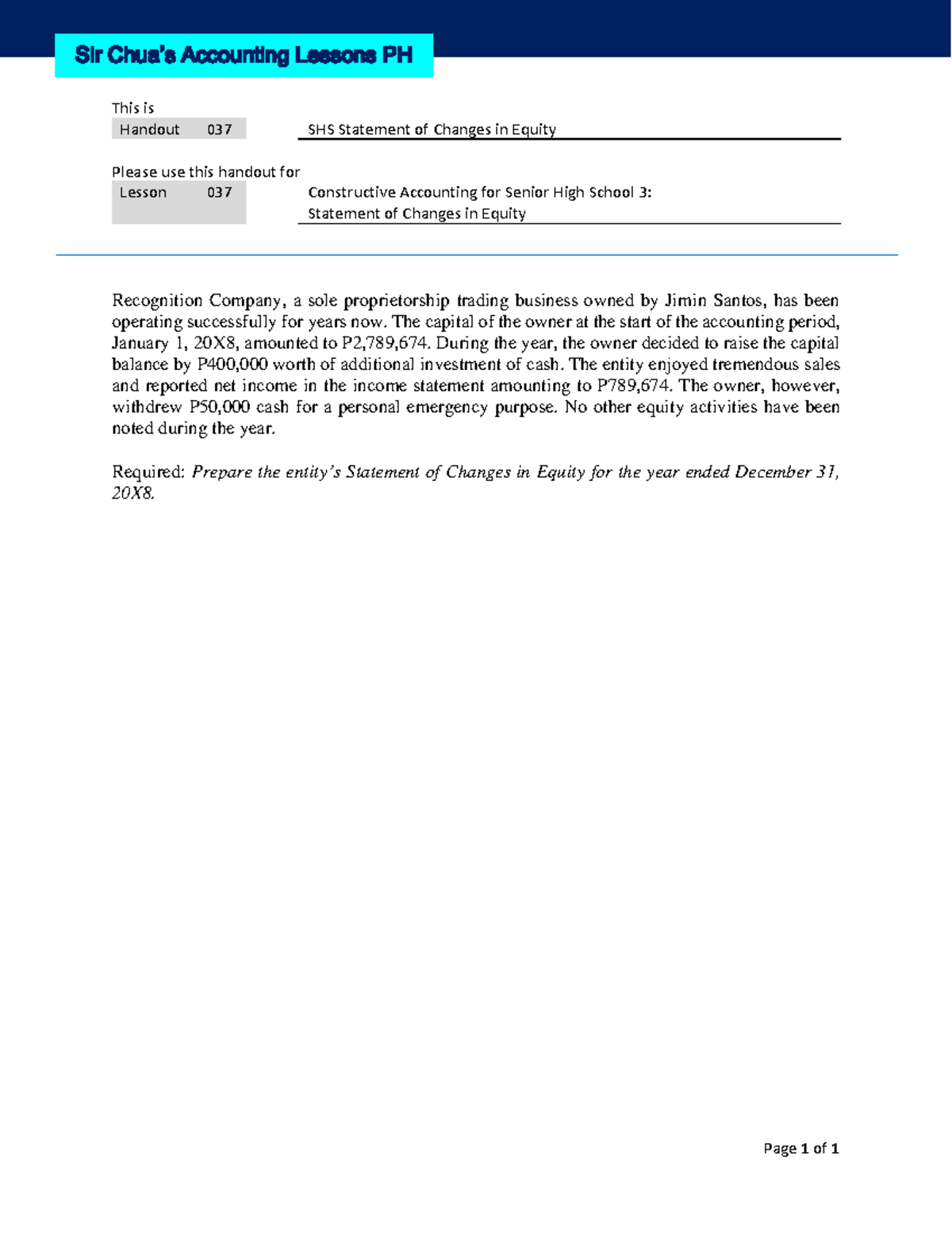 SHS Lesson 037: Statement of Changes in Equity Handout 037 - Studocu