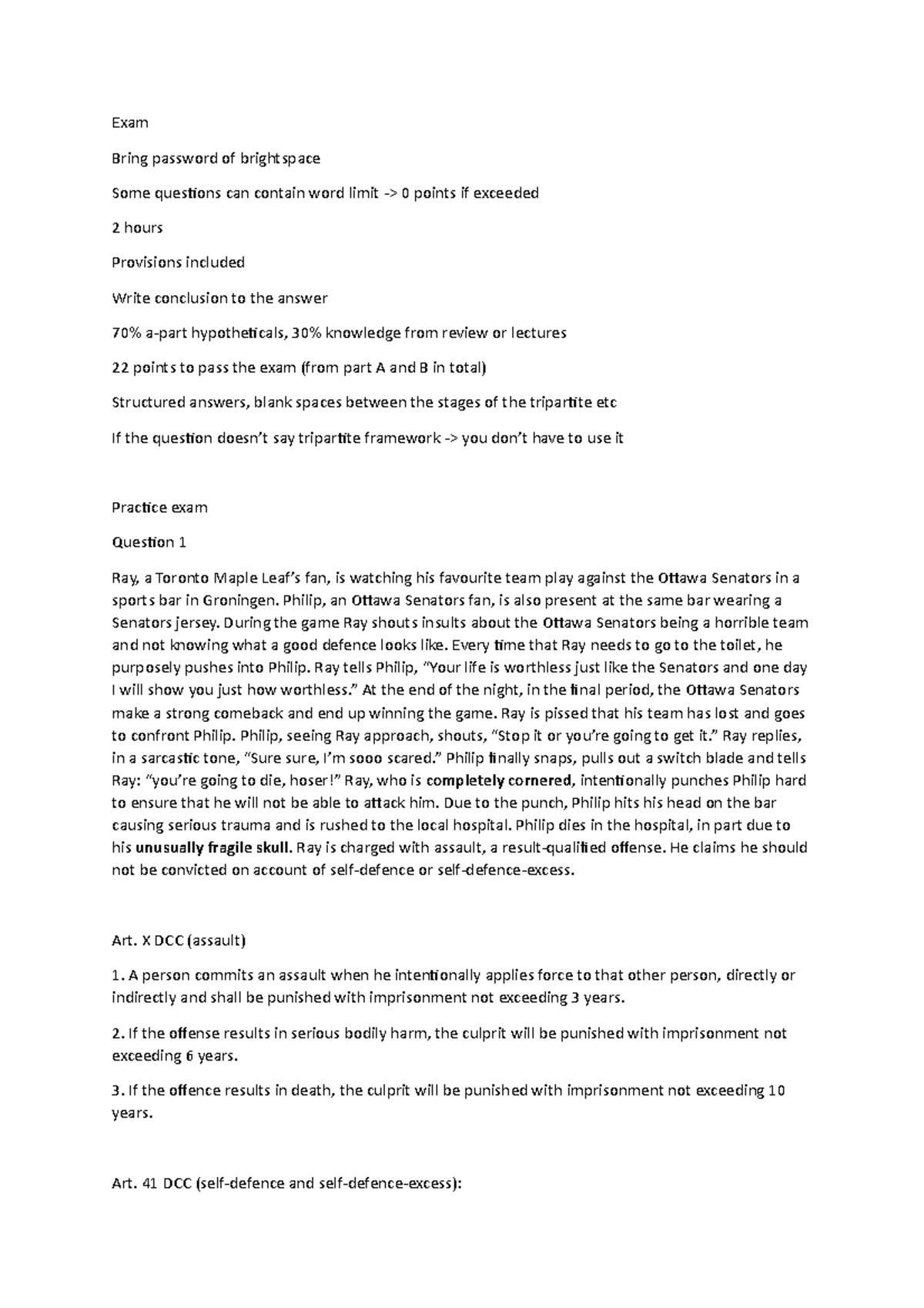 Mock Exam 2022-2023: Criminal Law Analysis and Self-Defense Concepts ...