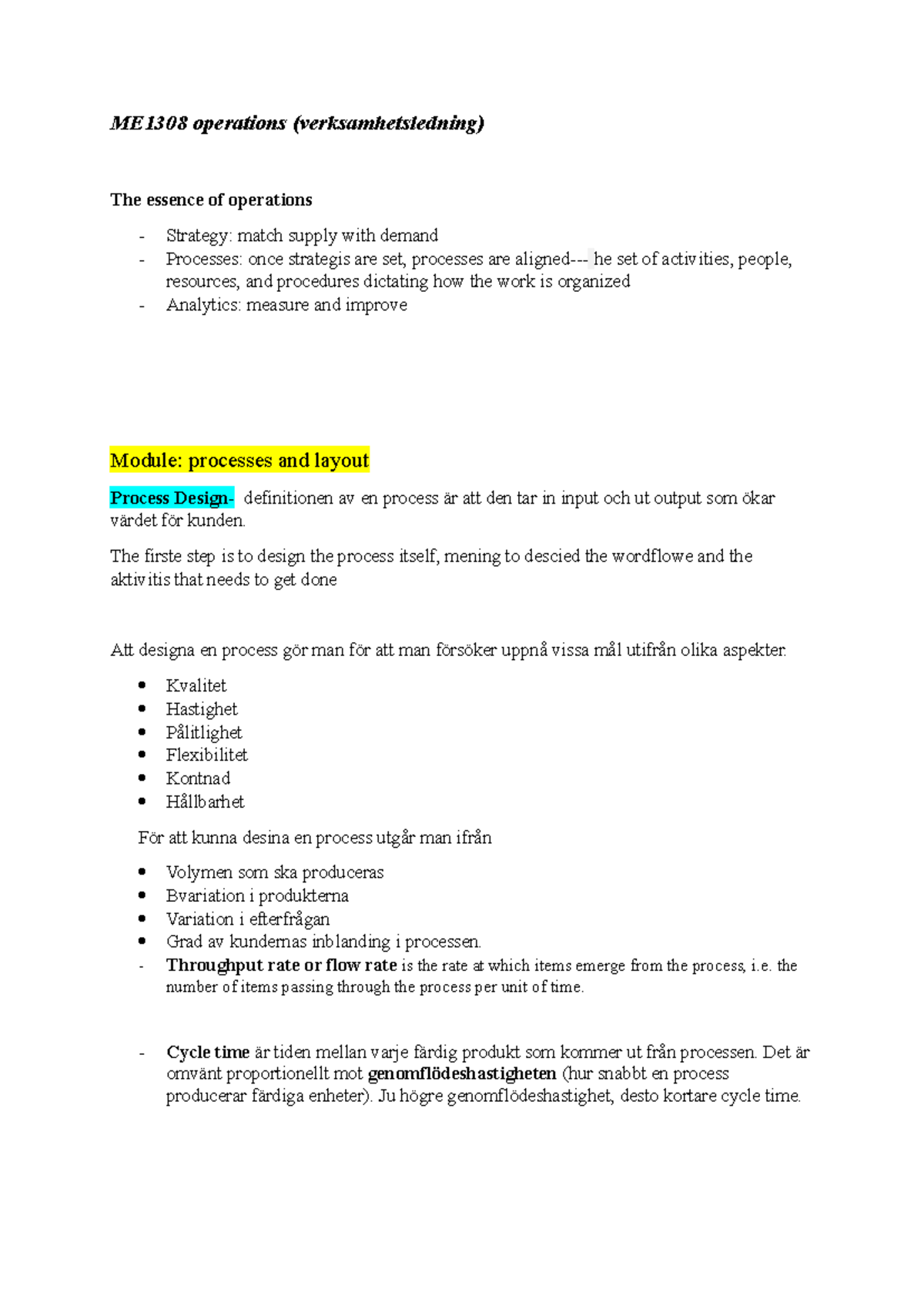 ME1308 Operations Management: Key Concepts and Process Design Notes ...