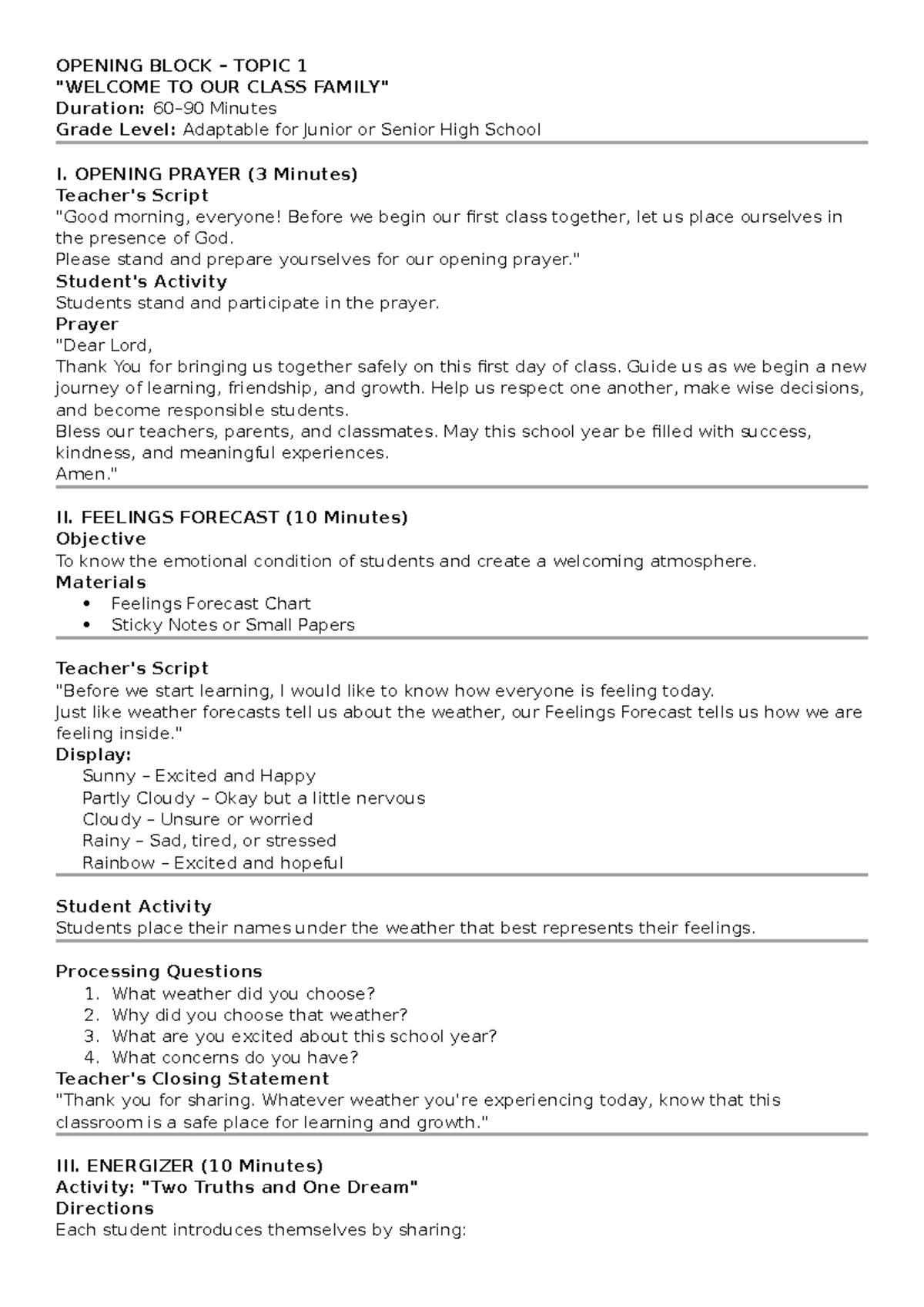 Opening Block Guide for Class: Activities & Values Formation - Studocu