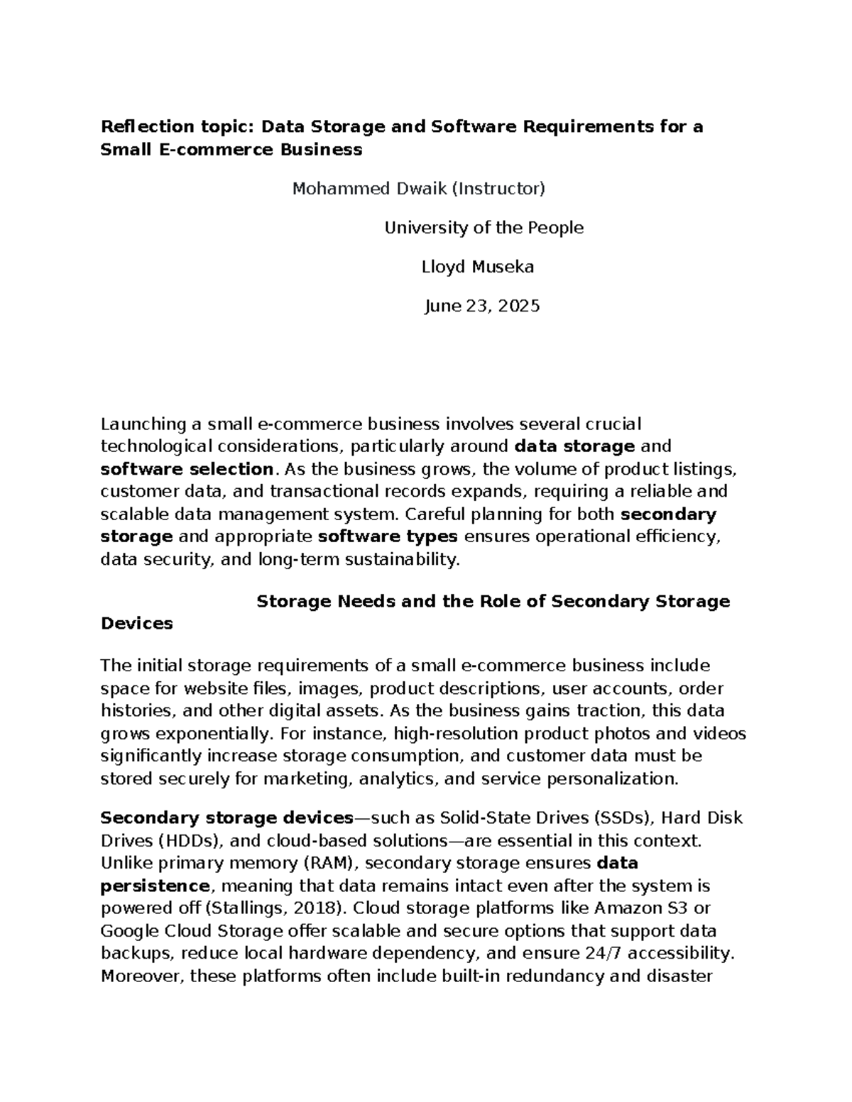 Reflection on Data Storage & Software Needs for Small Biz (CS101) - Studocu