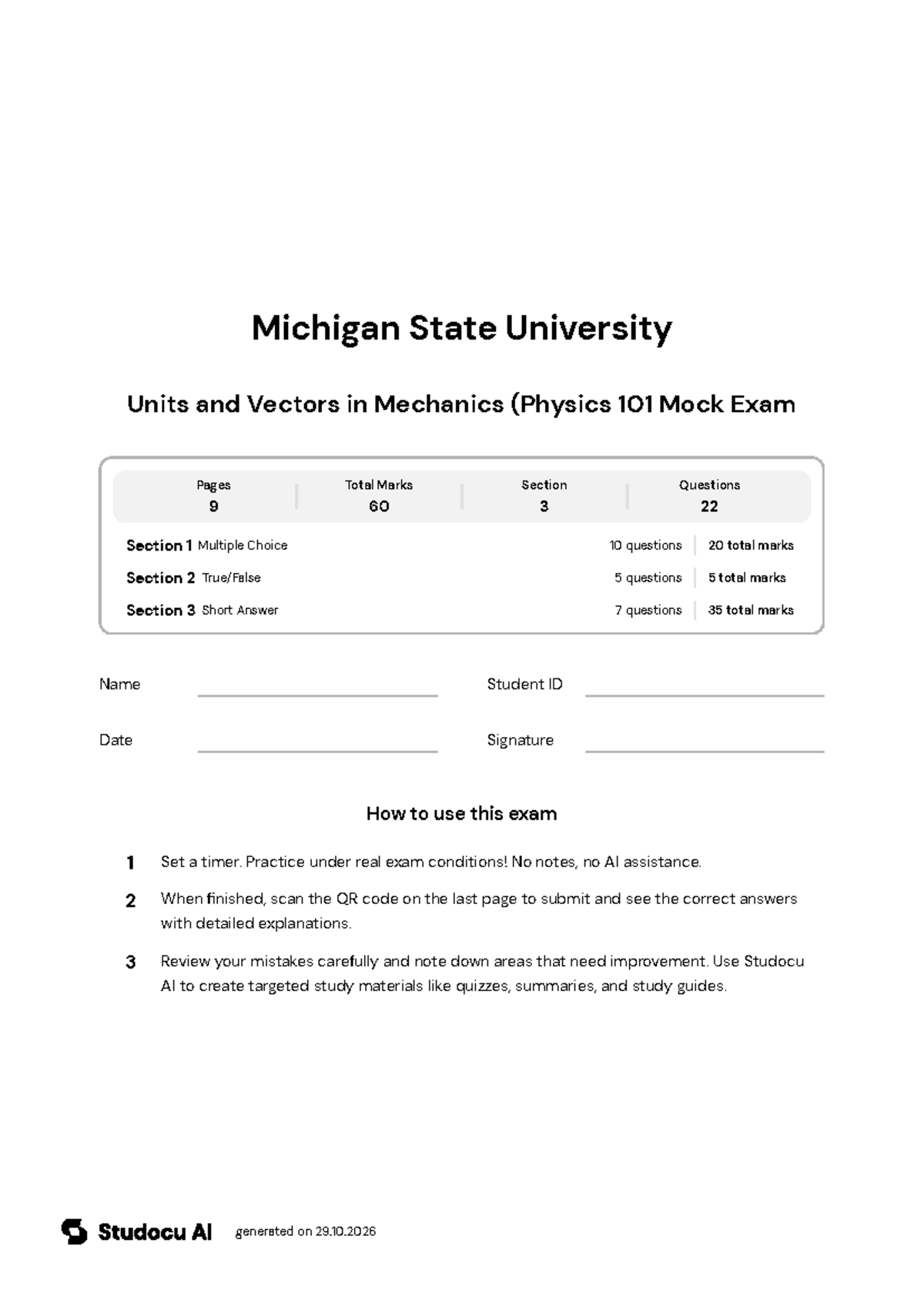 Physics 101 Mock Exam: Units and Vectors - Studocu