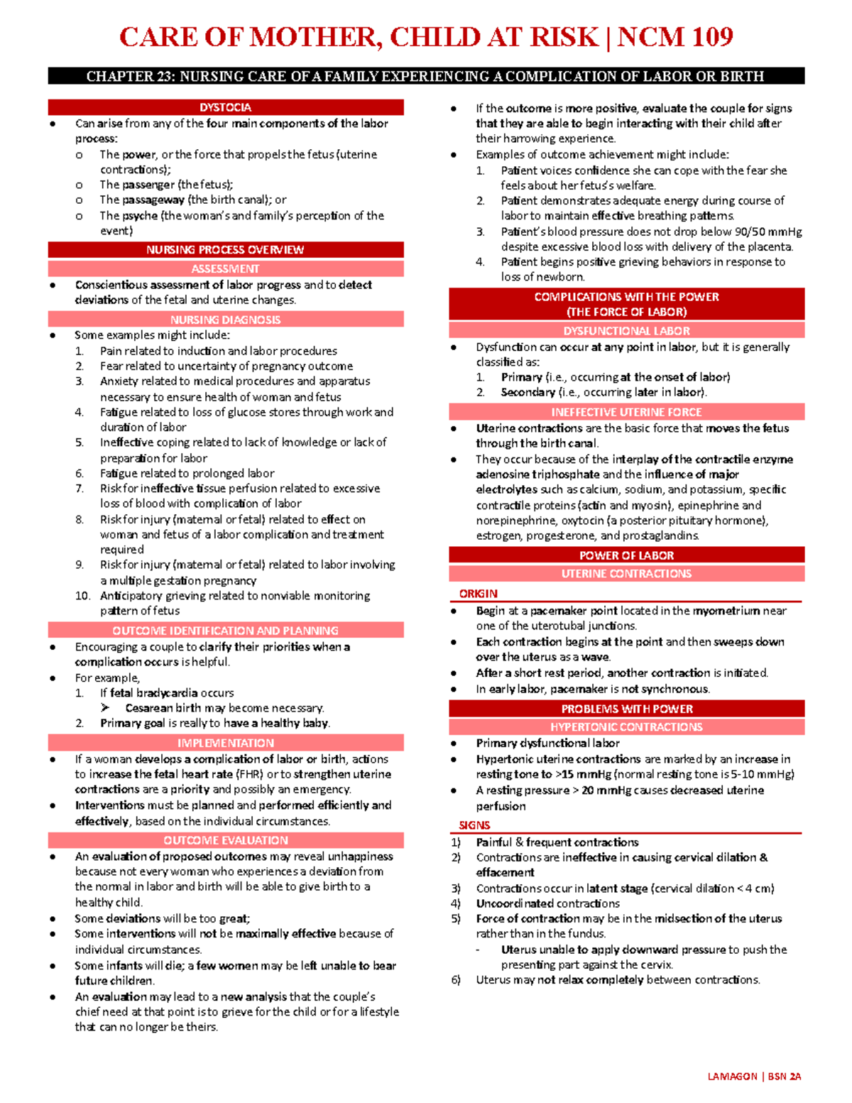 Chapter 23: Nursing Care for Families Facing Labor Complications - Studocu