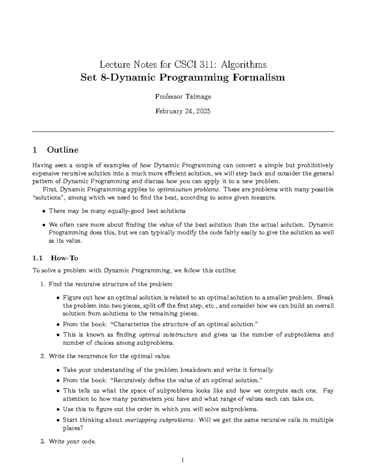 Lecture Notes on Dynamic Programming Formalism for CSCI 311 - Studocu