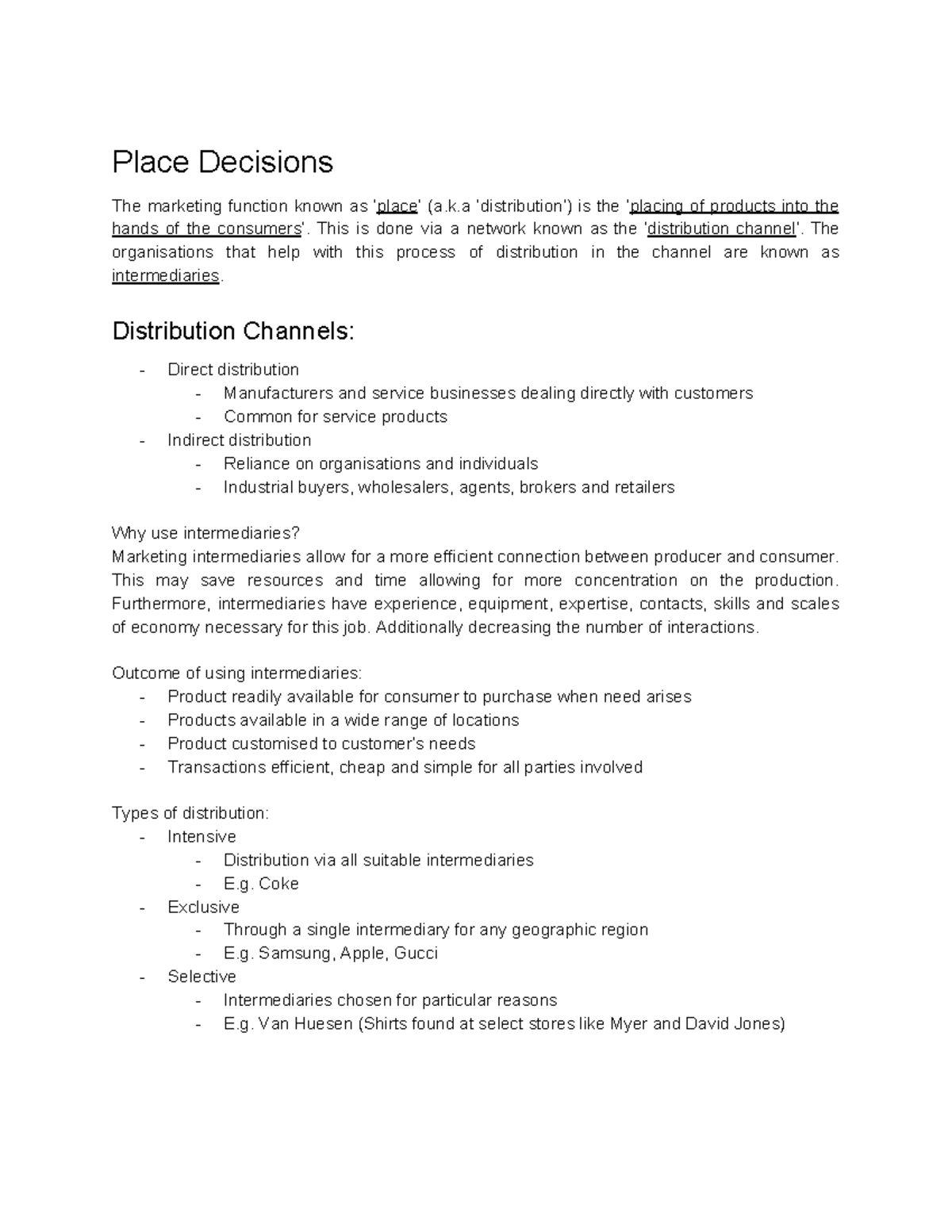 Marketing Revision for Place - Place Decisions The marketing function ...