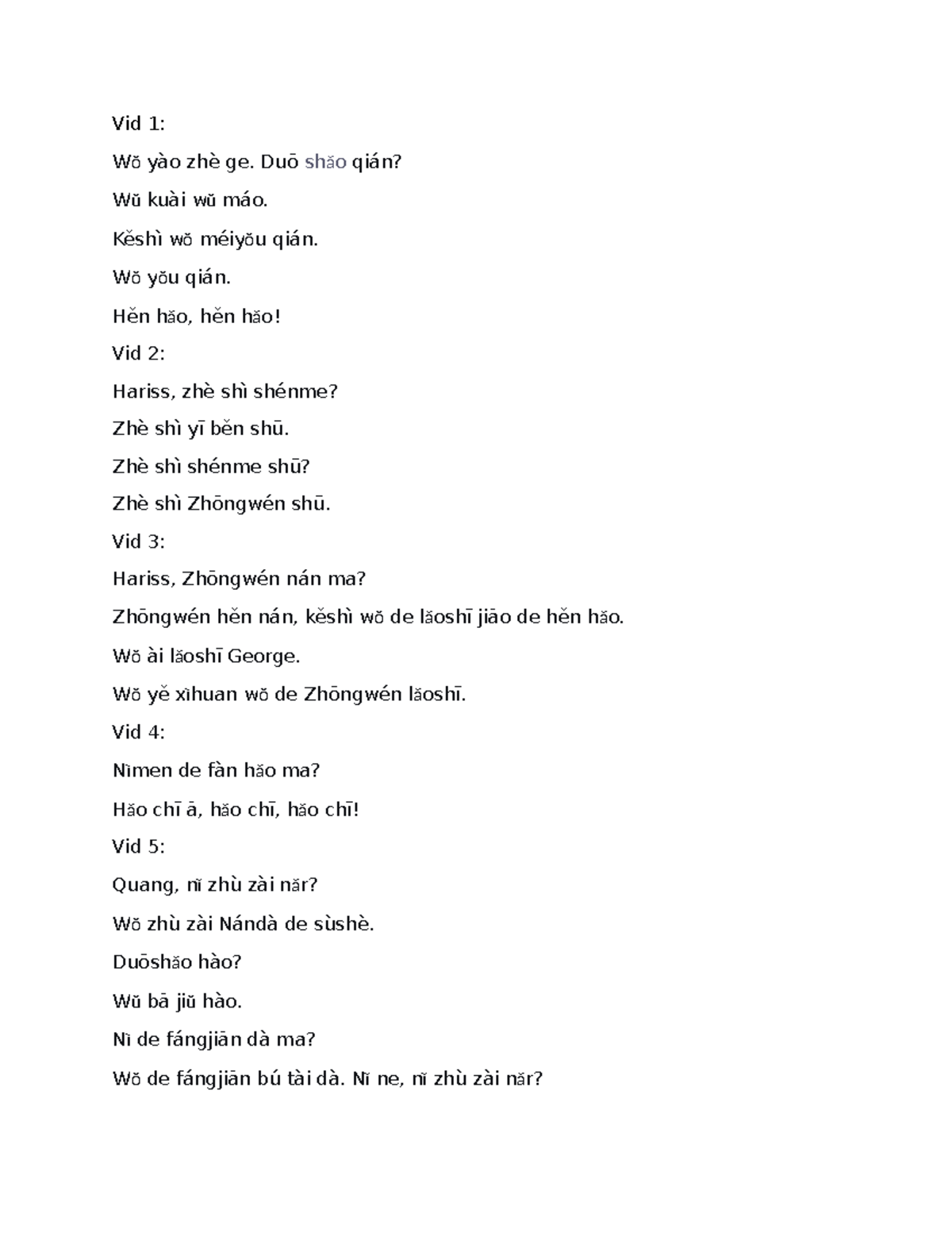 Chinese Script for Final Project: Conversations and Vocabulary - Studocu