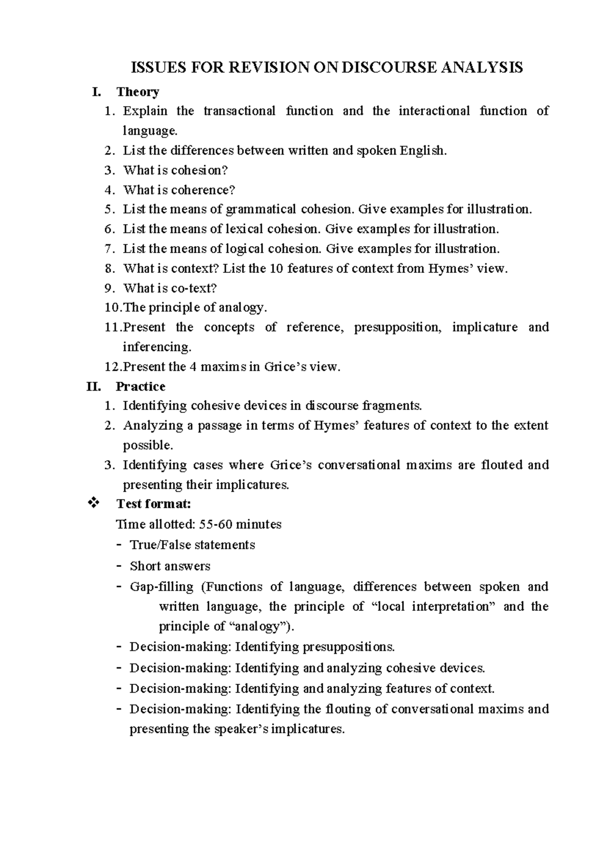DISCOURSE ANALYSIS I: Revision Guide for Final Exam (4-26) - Studocu