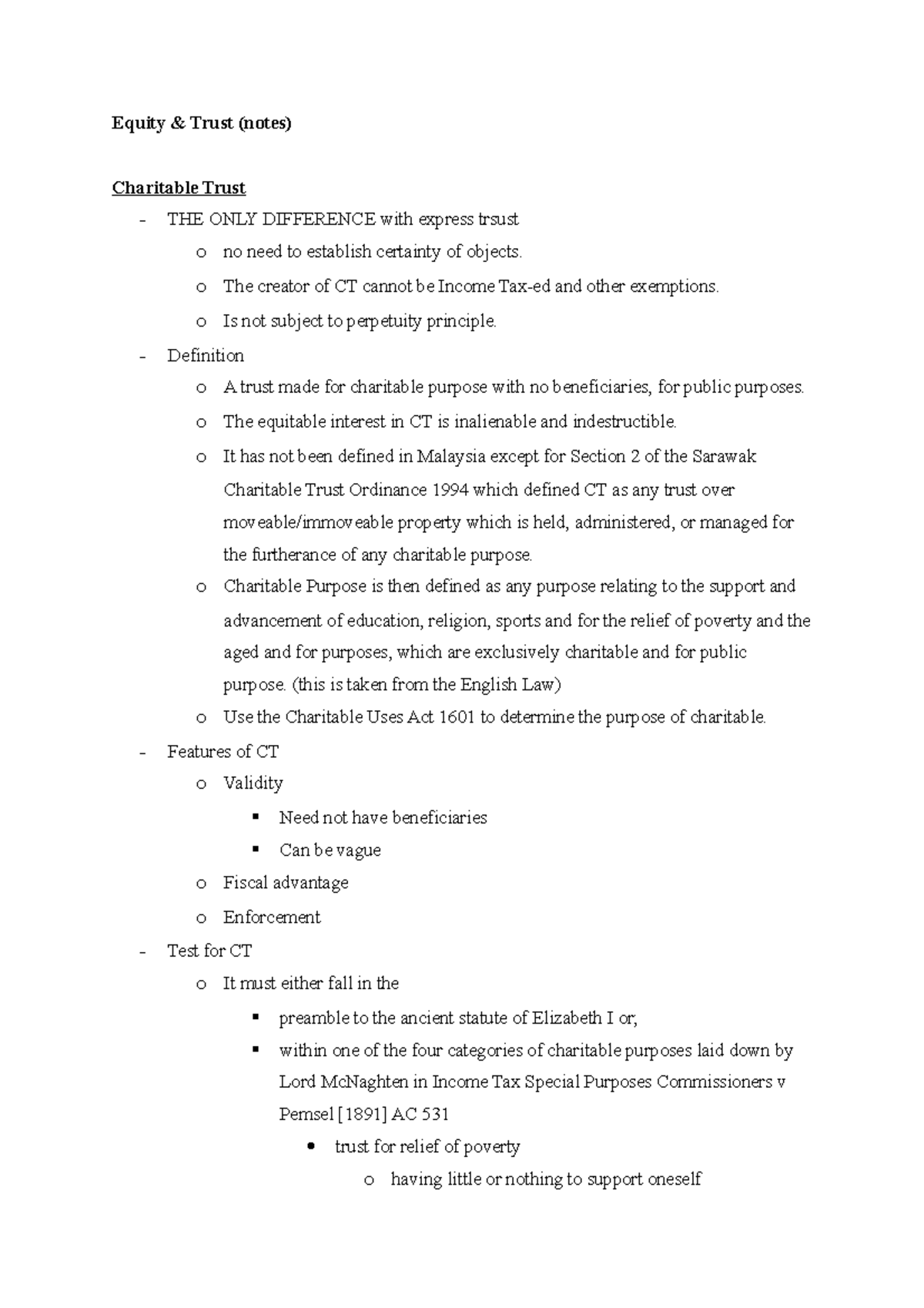 Equity & Trust Notes (Midterm Revision) - Focus on Charitable Trusts ...