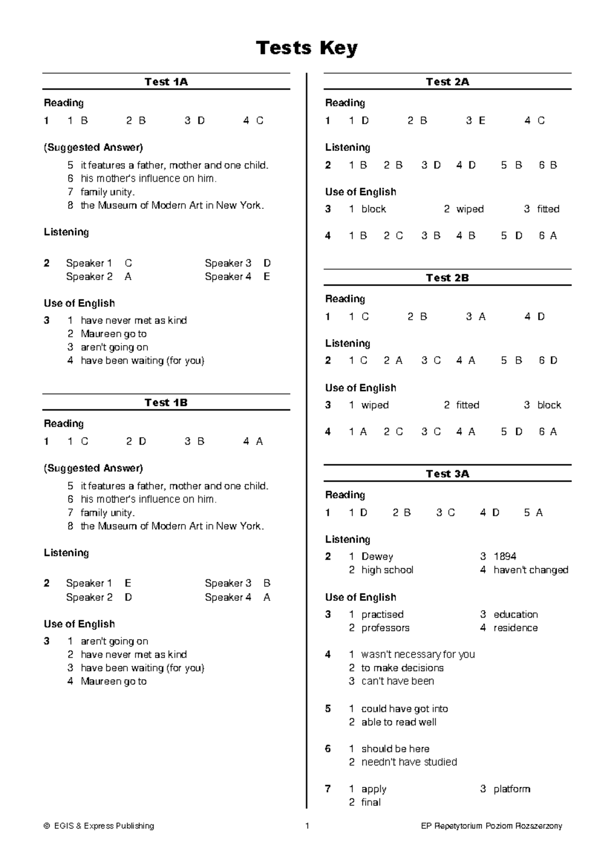Tests Key: Extended Tests 1A to 14B - EGIS Express Publishing - Studocu
