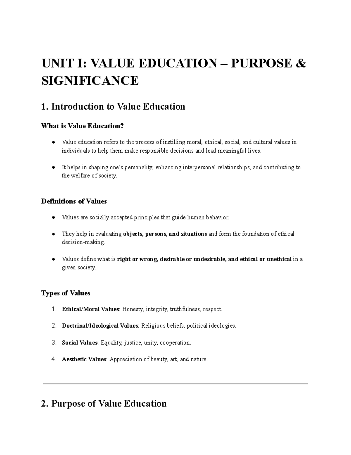 UNIT I Value Education – Purpose & Significance - UNIT I: VALUE ...