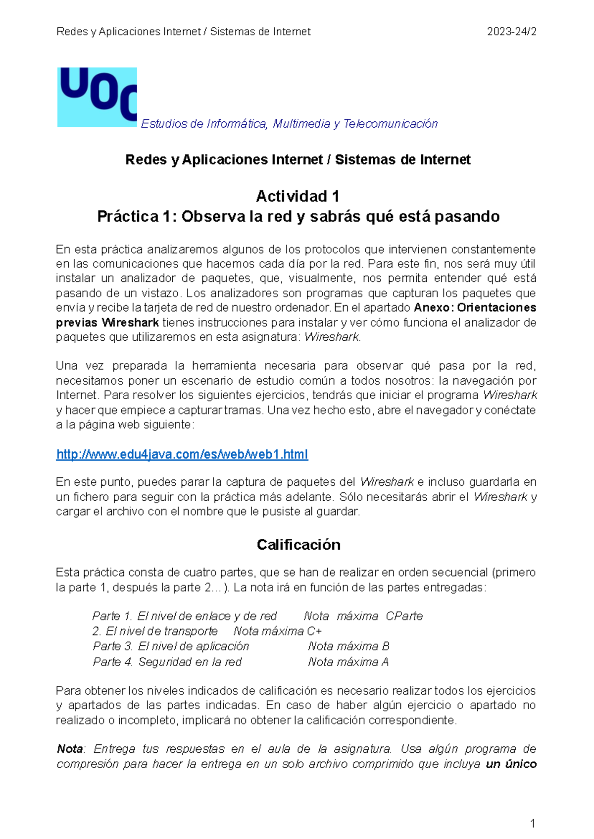 Práctica 1 - Análisis de Protocolos de Internet con Wireshark - RS1 - Document Preview