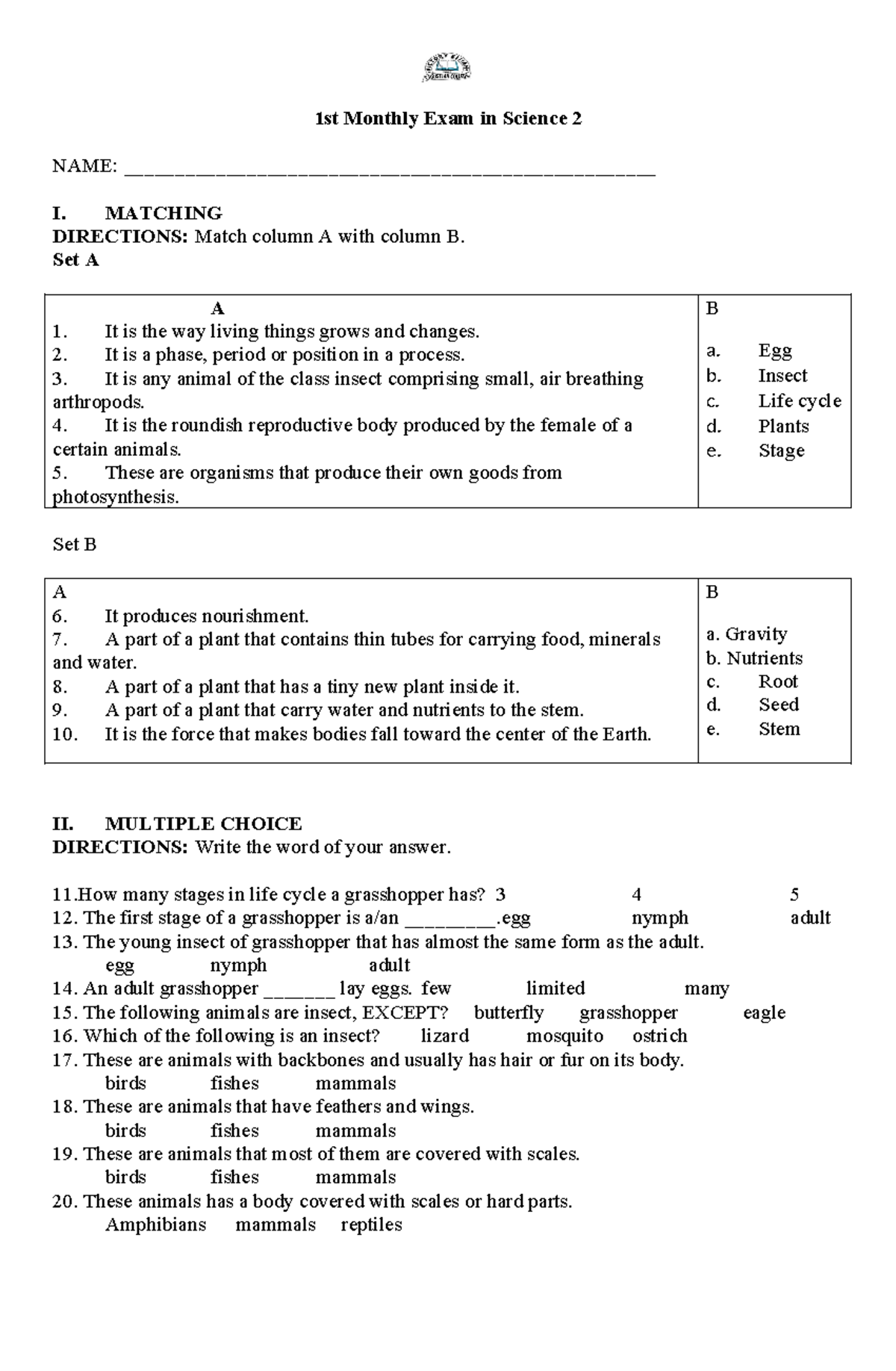 298130071 Grade 2 Science Monthly Exam: Questions & Activities - Studocu