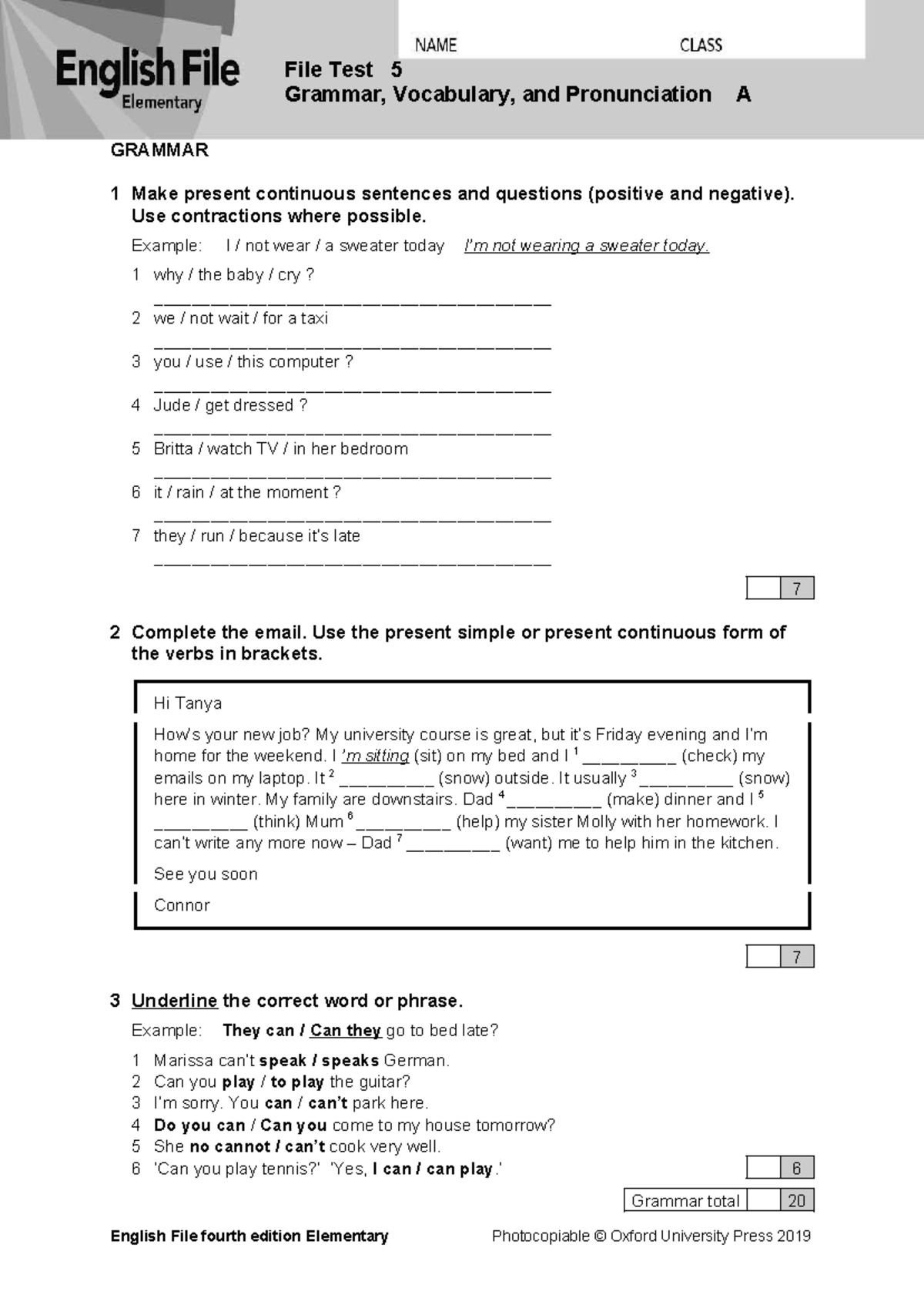 EF4e Elementary File Test 05A: Grammar, Vocabulary & Pronunciation ...