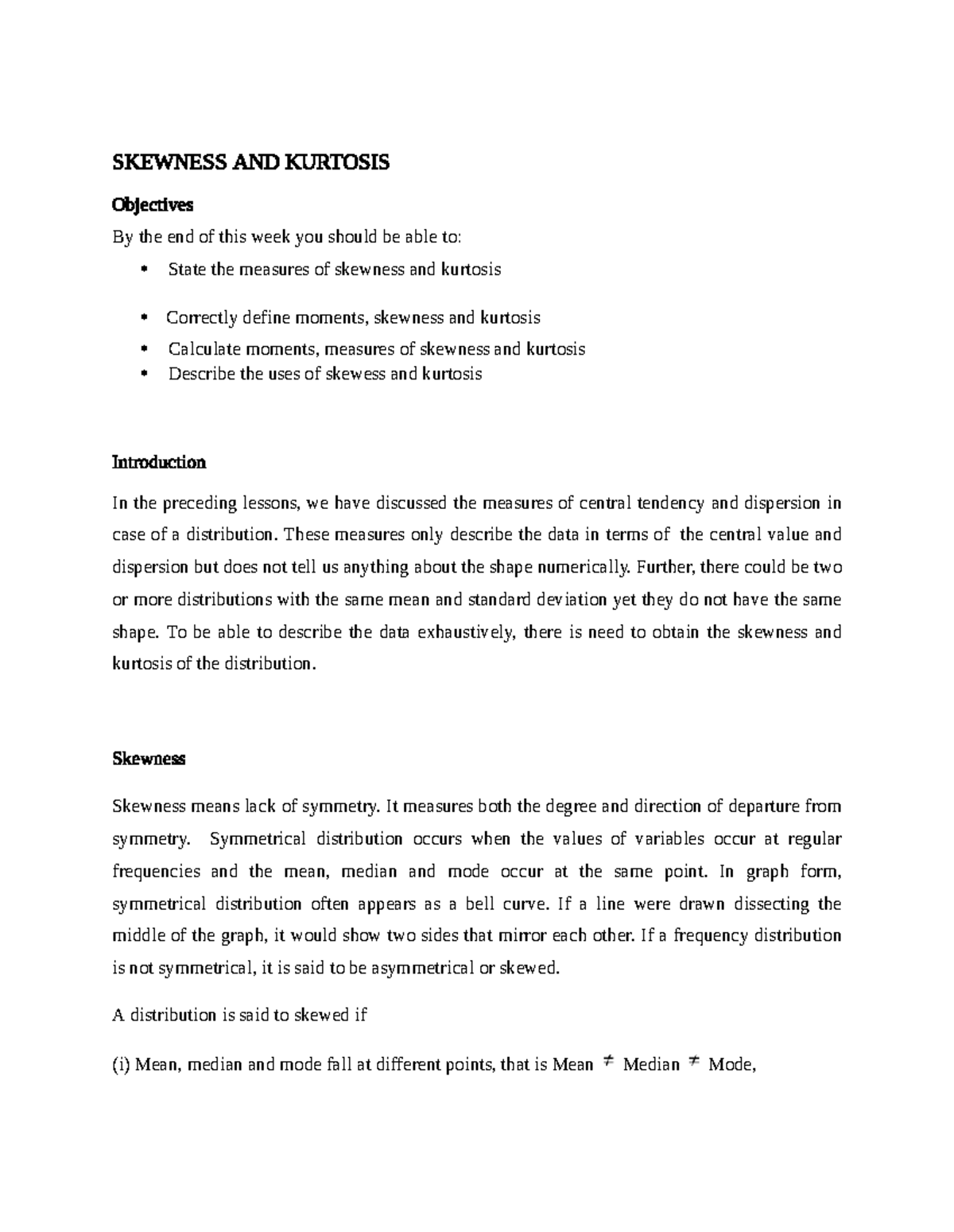 Lecture 8: Understanding Skewness and Kurtosis Measures - Studocu