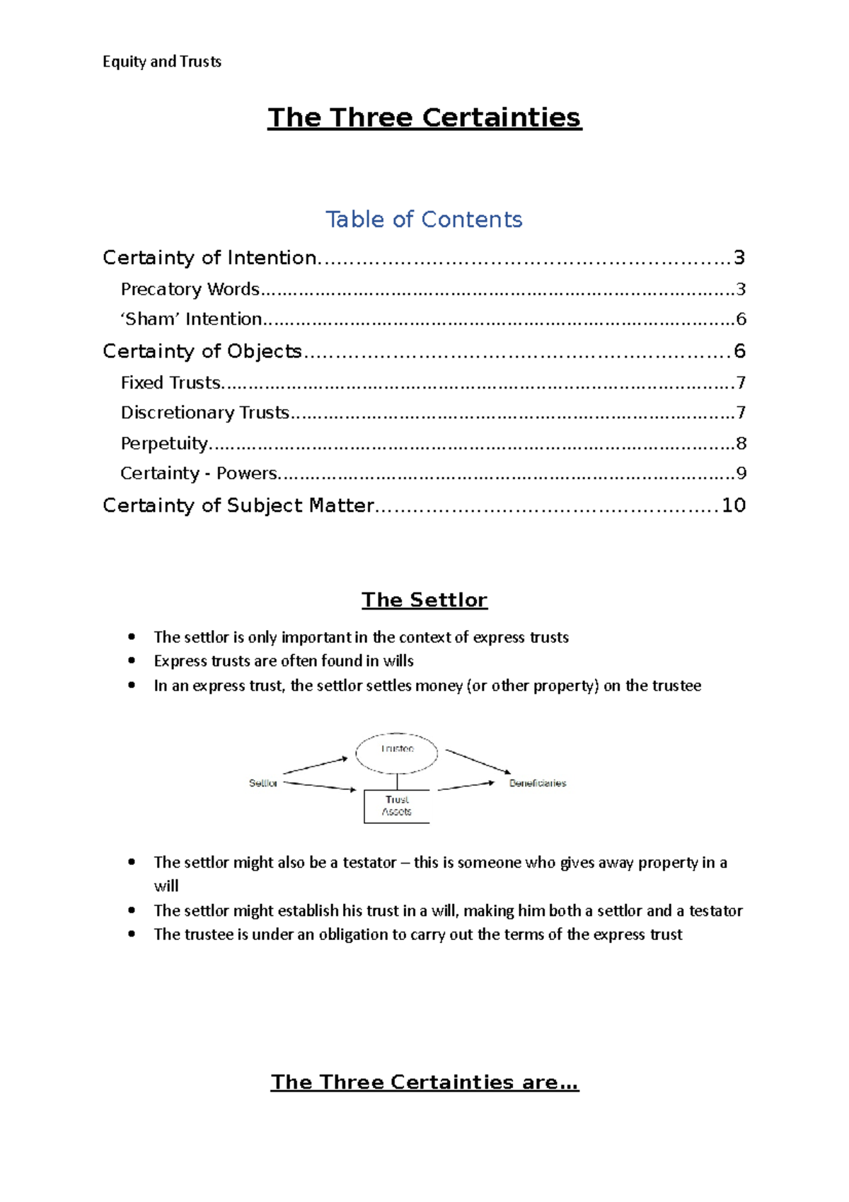 Notes on the Three Certainties in Trust Law: A Study Guide - Studocu