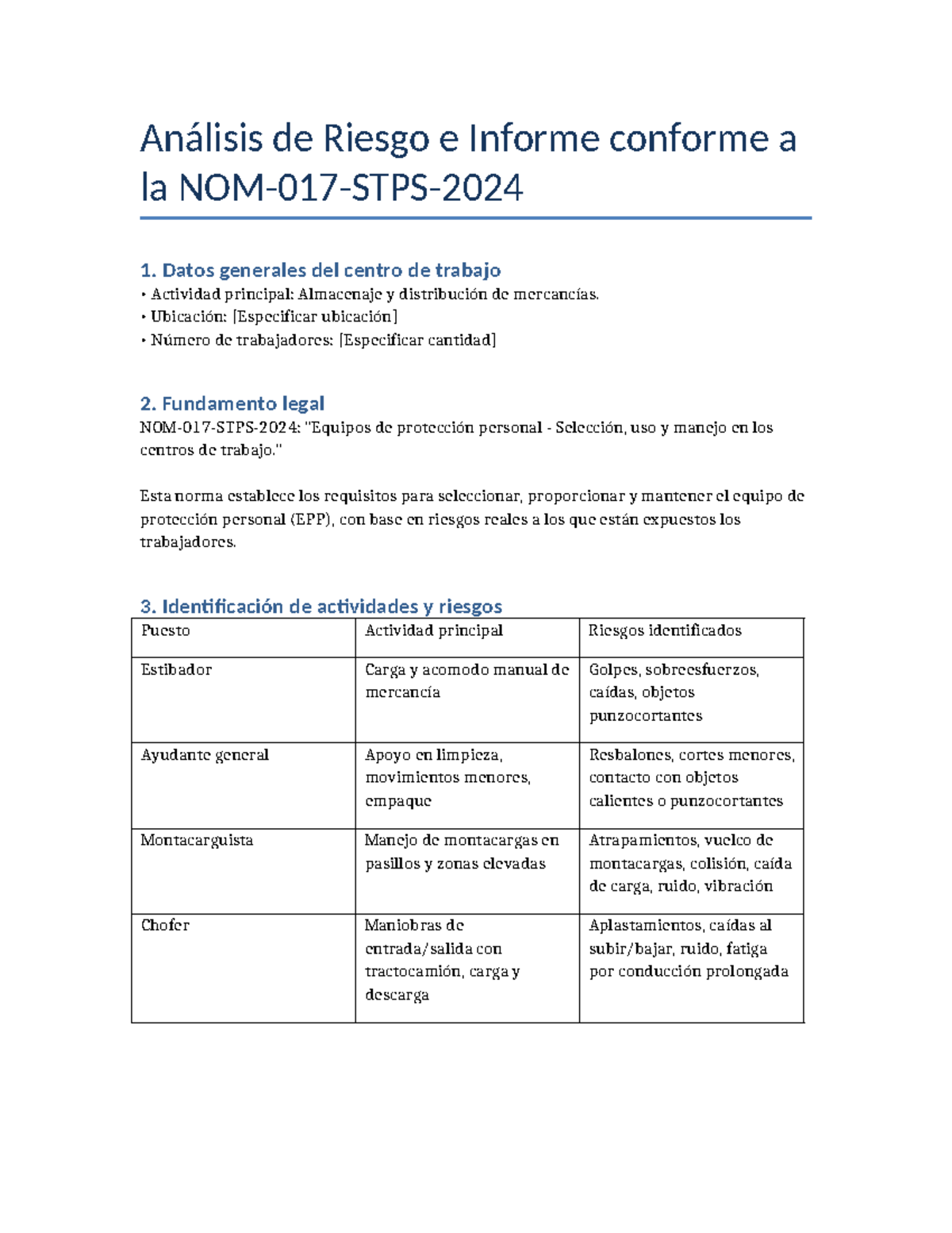 Informe NOM 017 STPS 2024: Análisis de Riesgos en Almacenaje - Document Preview