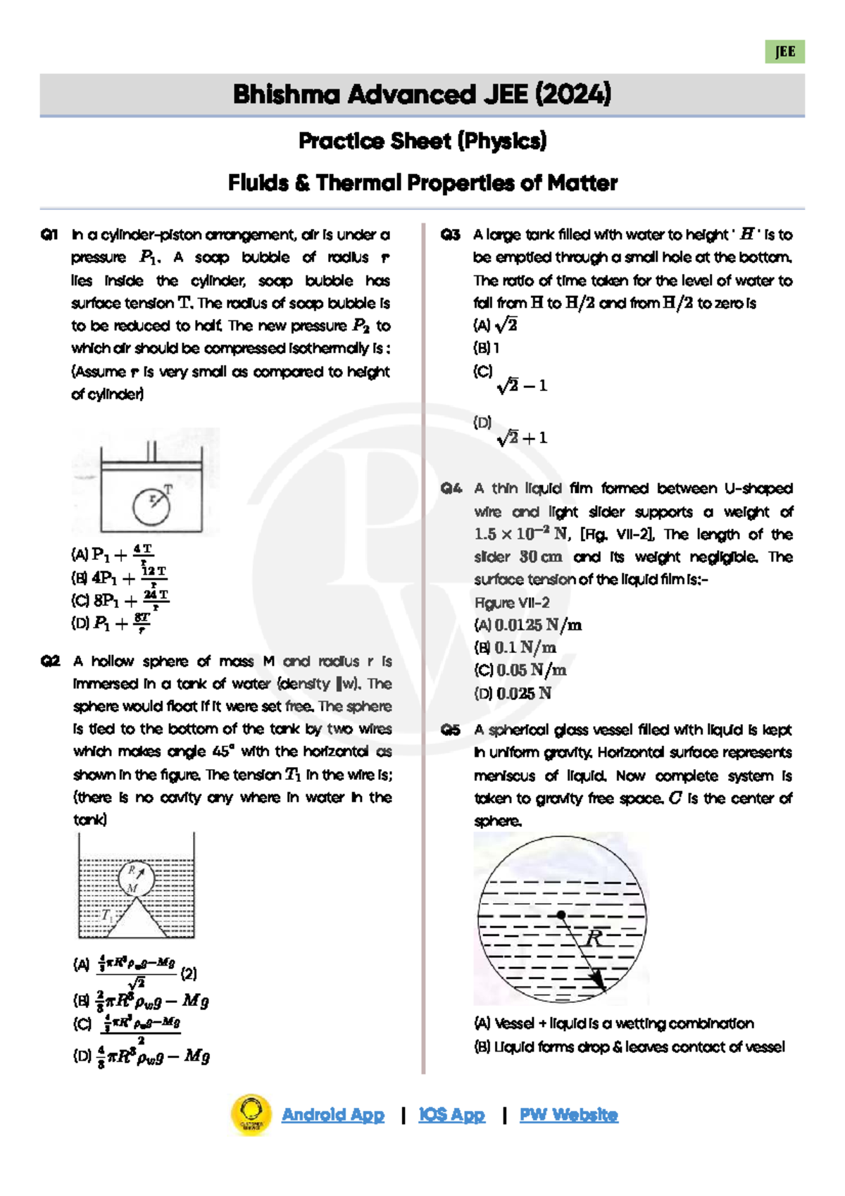 Fluids & Thermal Properties of Matter Practice Sheet JEE (2024) - Studocu