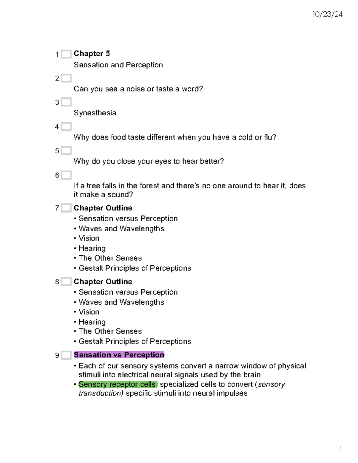 Chapter 5 Psych 1000 notes - 10/23/ Chapter 5 Sensation and Perception ...