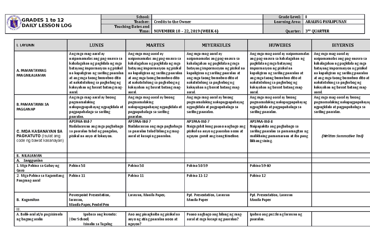 DLL Araling Panlipunan 1 Q3 W4 - GRADES 1 to 12 DAILY LESSON LOG School ...