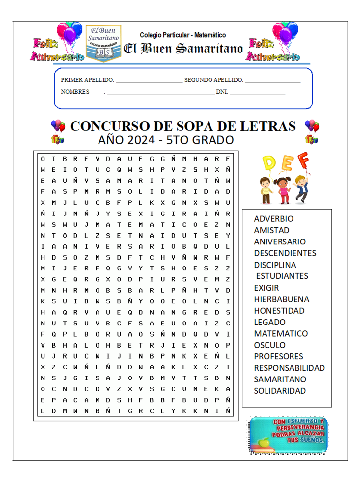 Concurso de Sopa de Letras 5to Grado - 2024 - Studocu