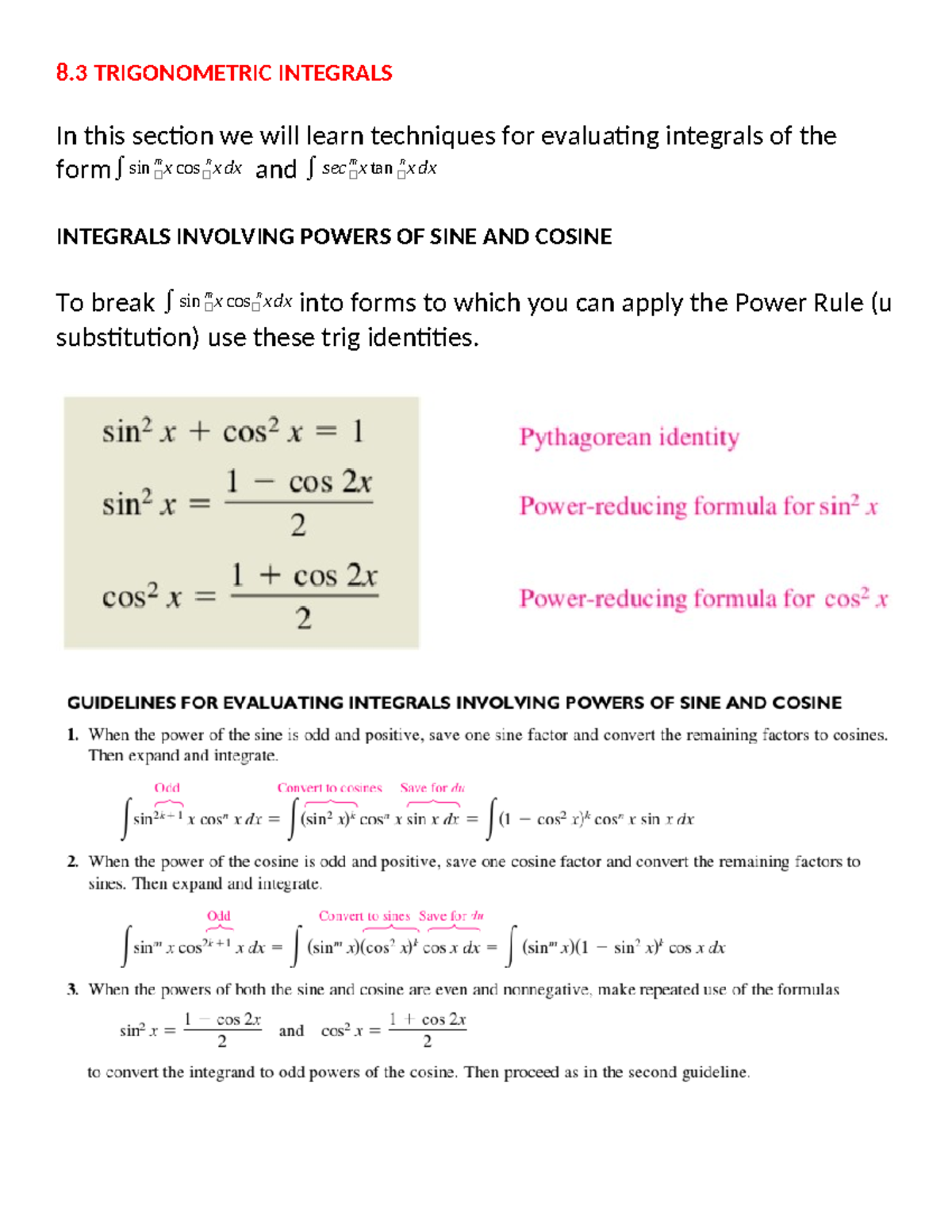 8.2 Trigonometric Integrals - 8 TRIGONOMETRIC INTEGRALS In this section ...