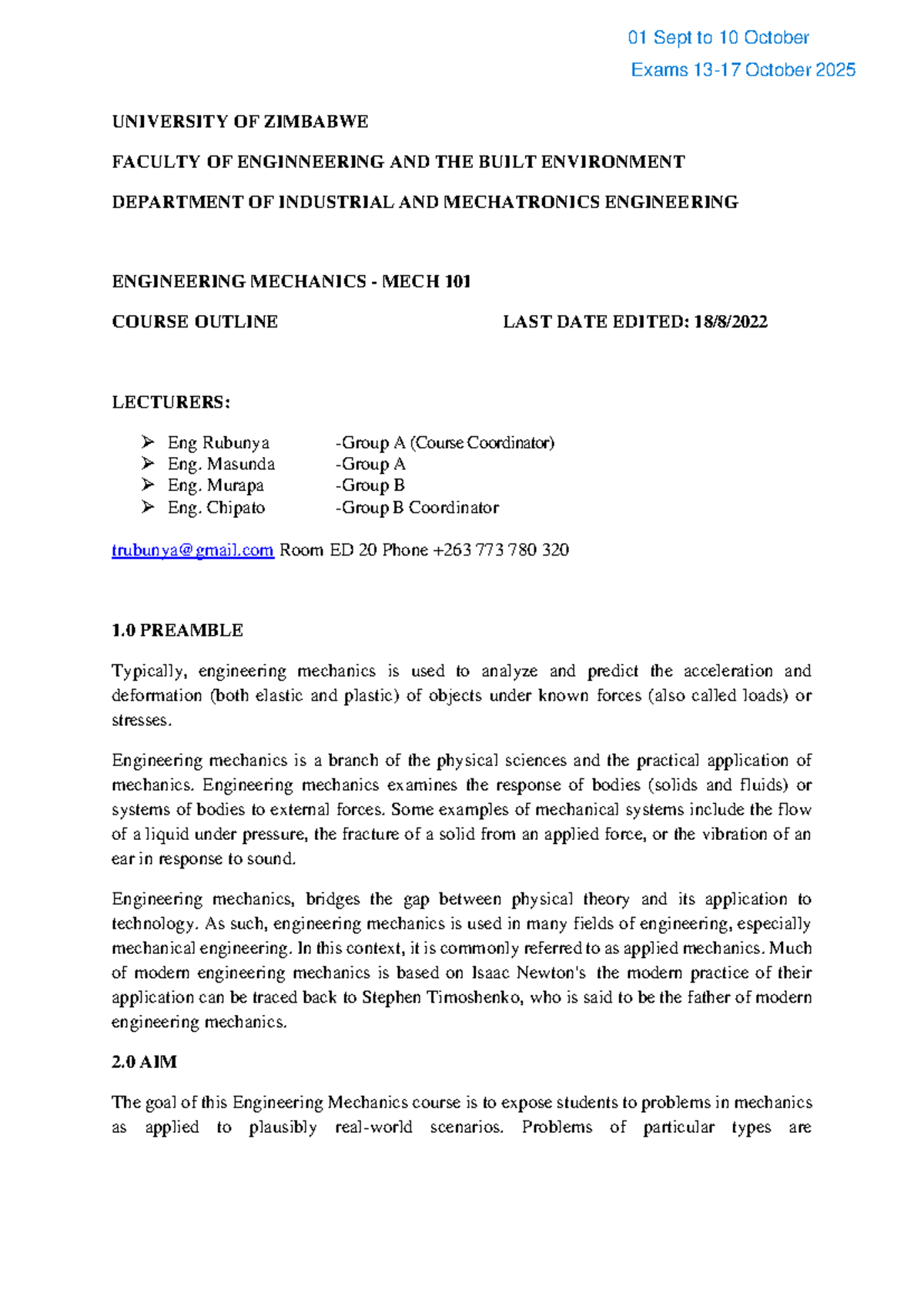 2025 MECH 101 Engineering Mechanics Course Outline - Studocu