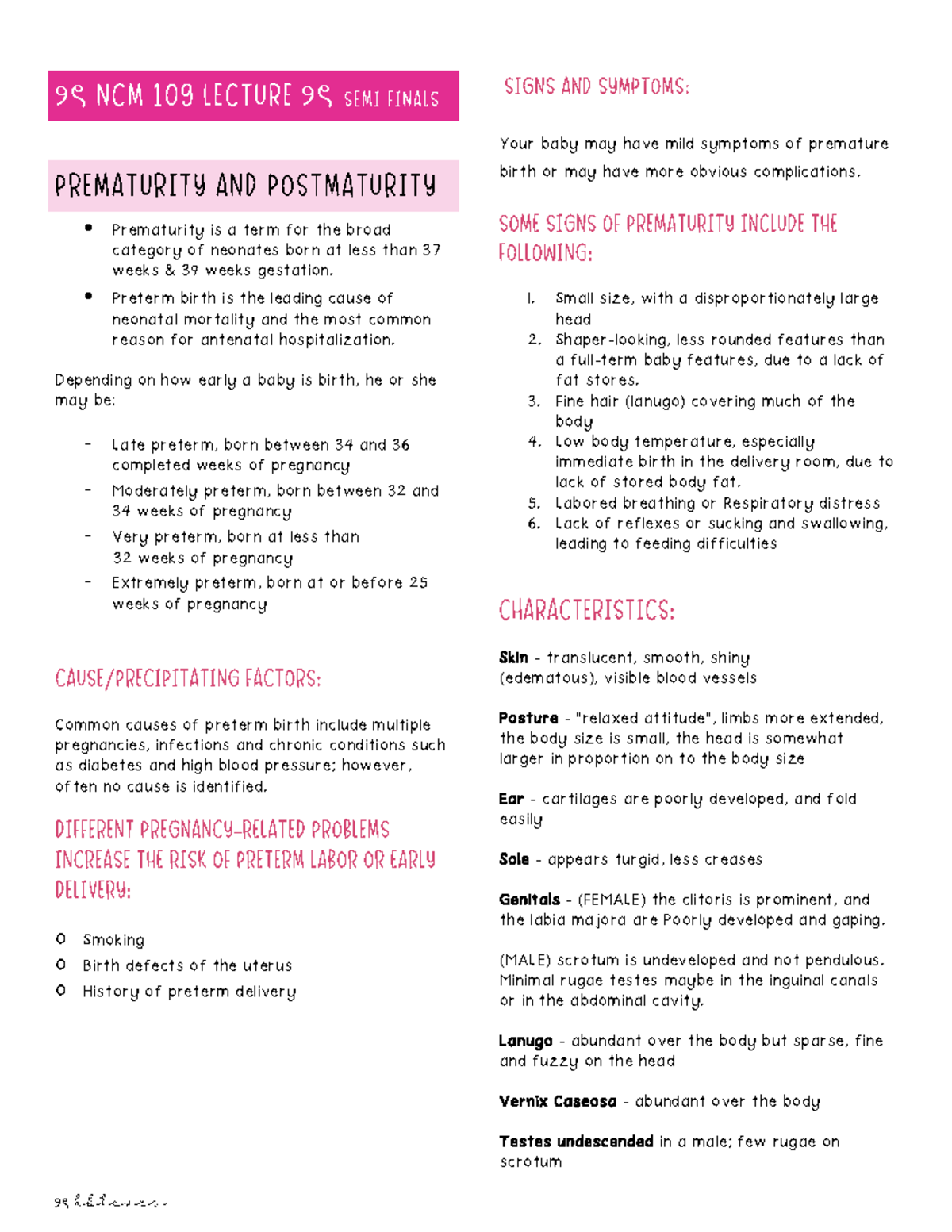 NCM 109 Semi-Final Exam Notes on Preterm and Post-Term Births - Studocu