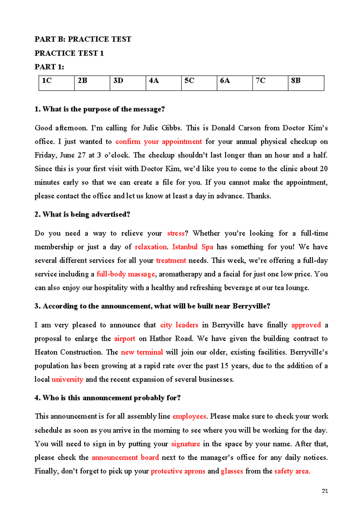 74 Answer Key - Test 1, part 1 - PART B: PRACTICE TEST PRACTICE TEST 1 ...