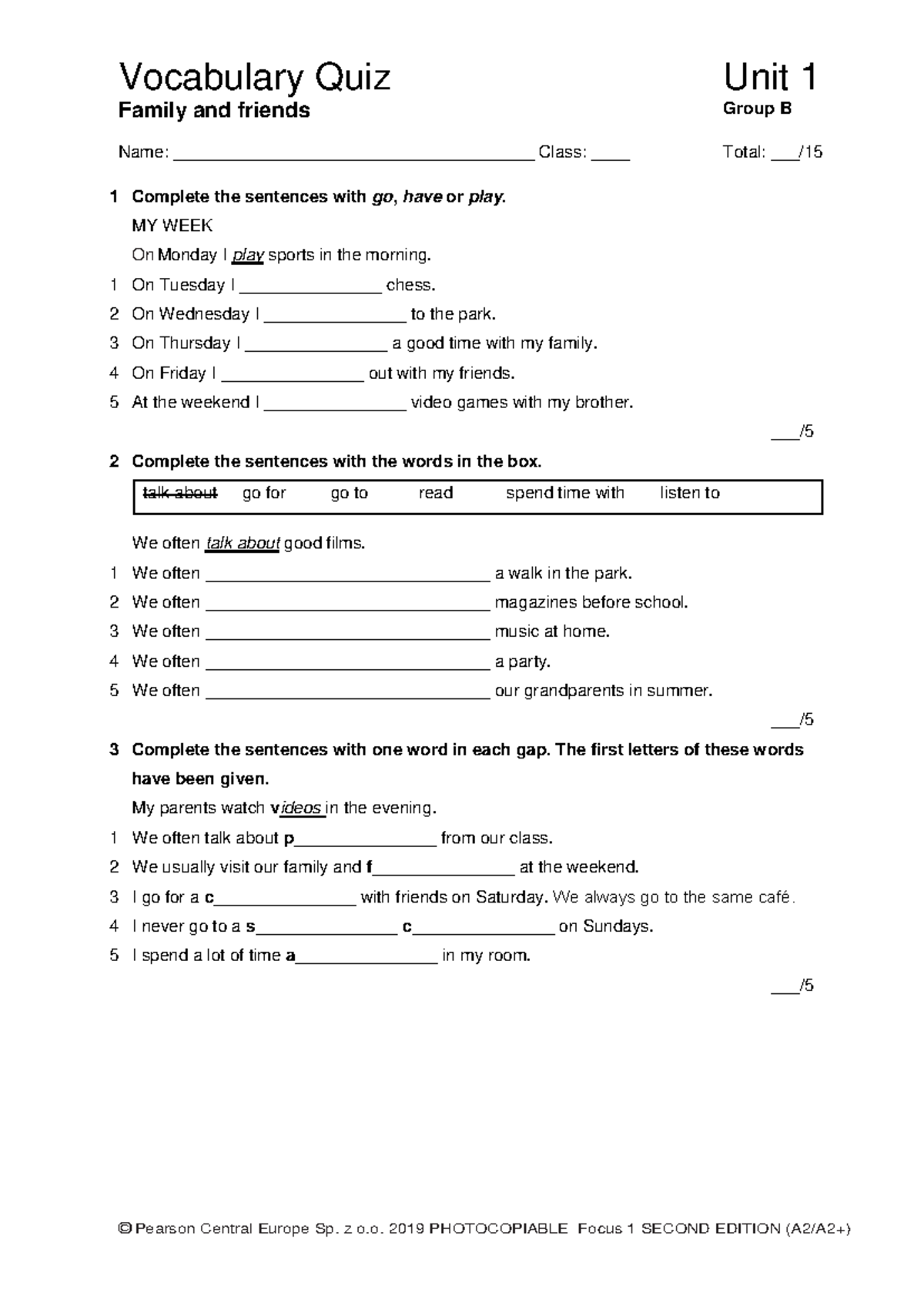 Focus 1 2E Vocabulary Quiz Unit 1 Group B - Family & Friends - Studocu