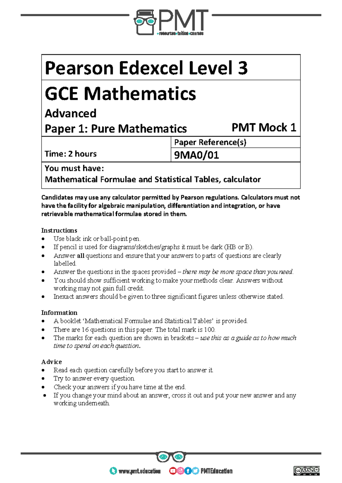 Pearson Edexcel Level 3 GCE Maths Adv Paper 1: Pure Maths Mock 1 - Studocu