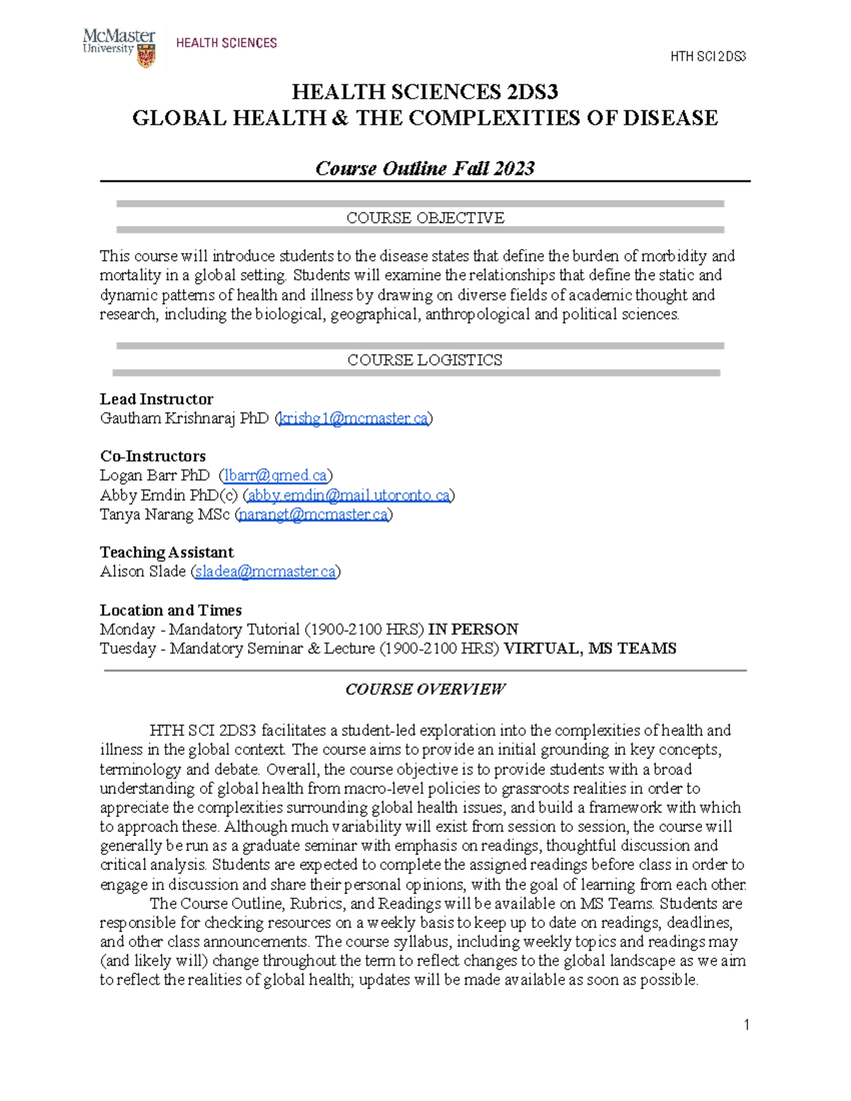 Global Health Course Outline: HTH SCI 2DS3 Fall 2023 - Studocu