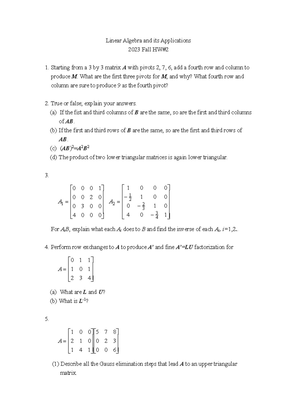 23Fall HW 2 - It's the hw2 - Linear Algebra and its Applications 2023 ...