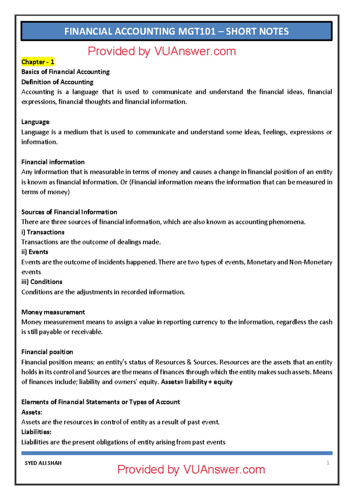 MGT101 Financial Accounting Short Notes: Key Concepts & Principles ...