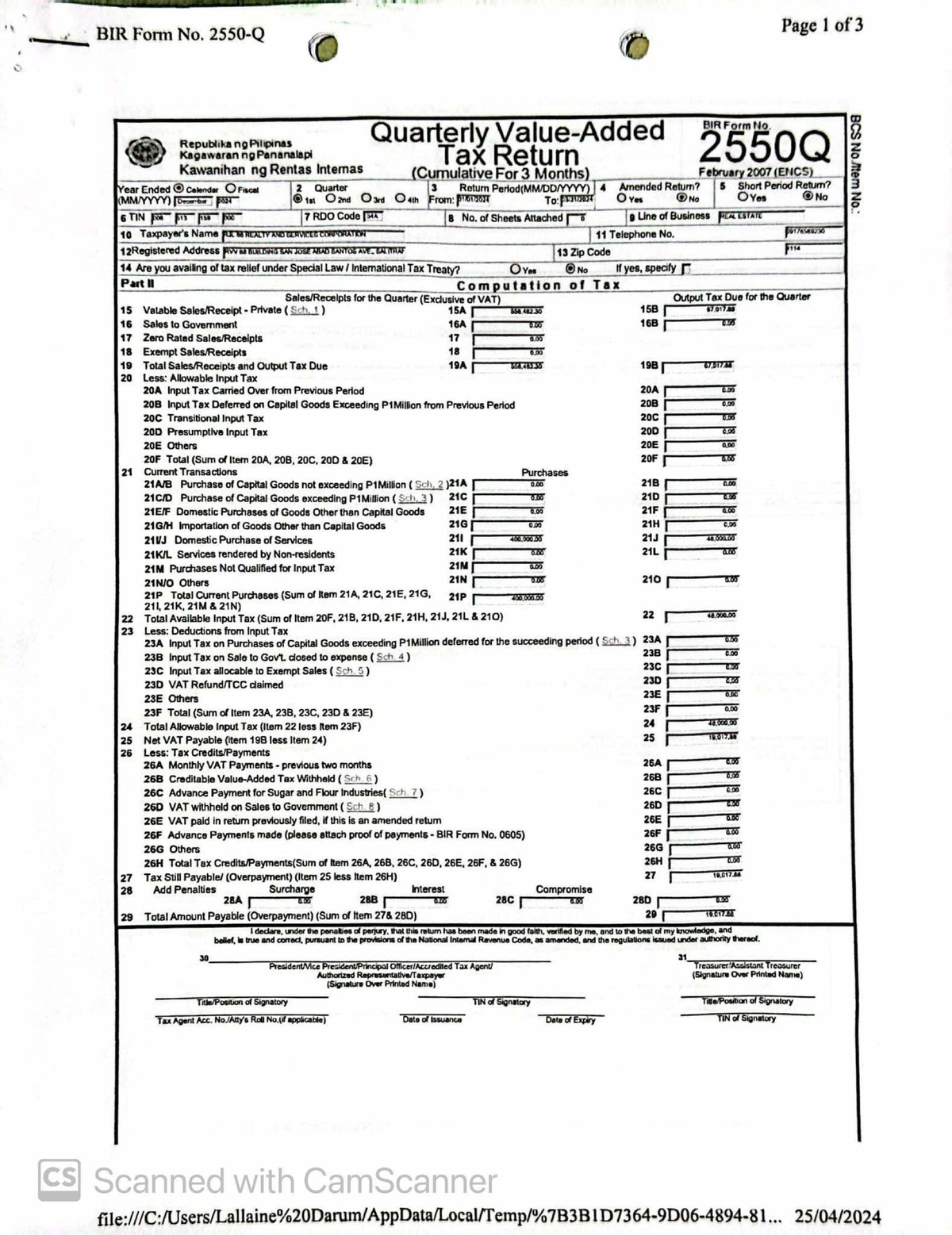 Rjl 2550q 1st qtr 2024 - ofcourse 1 - BIR Form No. Page 1 of 3 ...