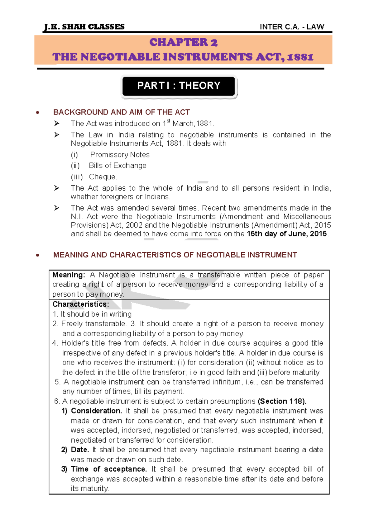 5. The Negotiable Instruments Act, 1881 Notes - - Studocu