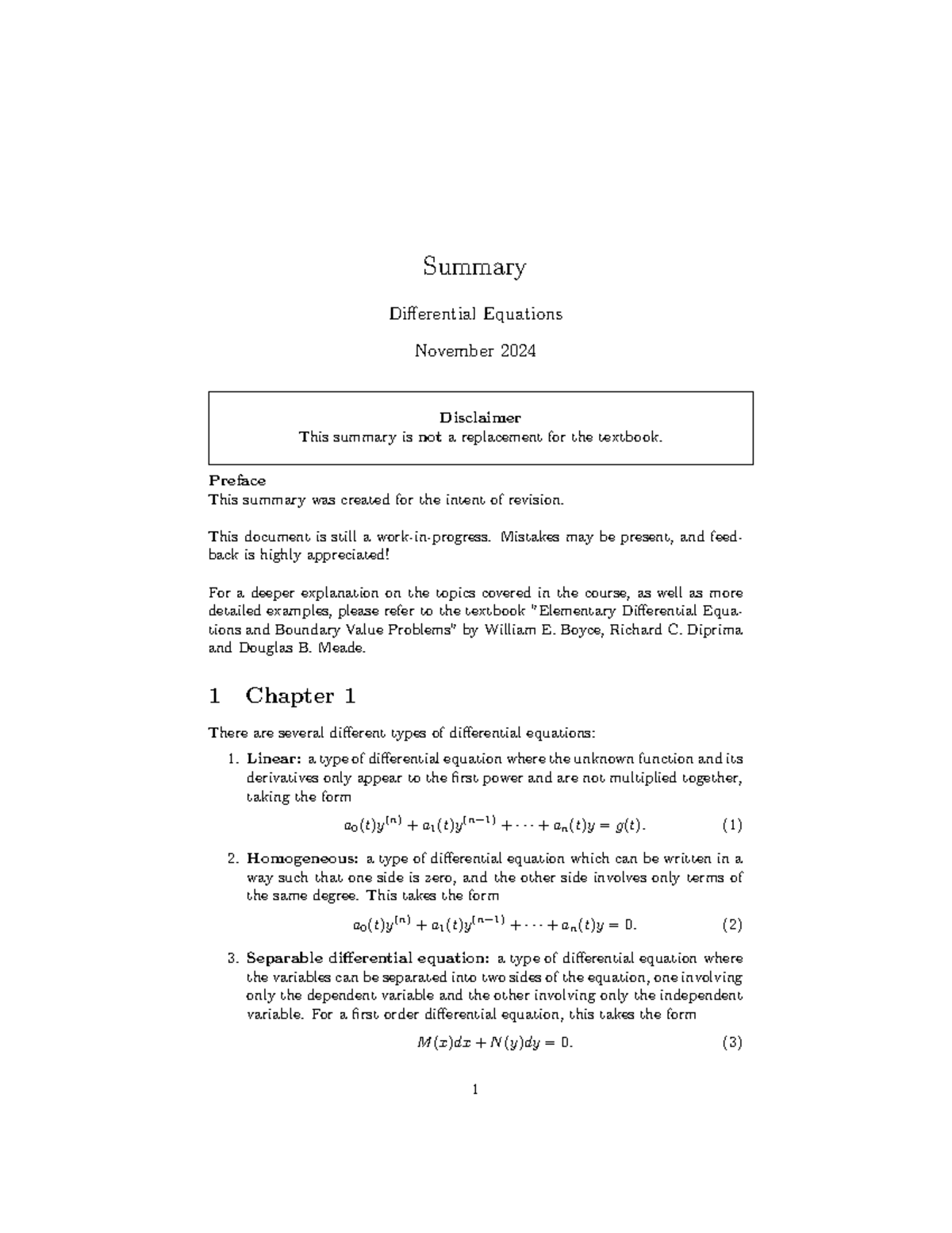 Differential Equations Summary (Course Code: DE101) - Studeersnel