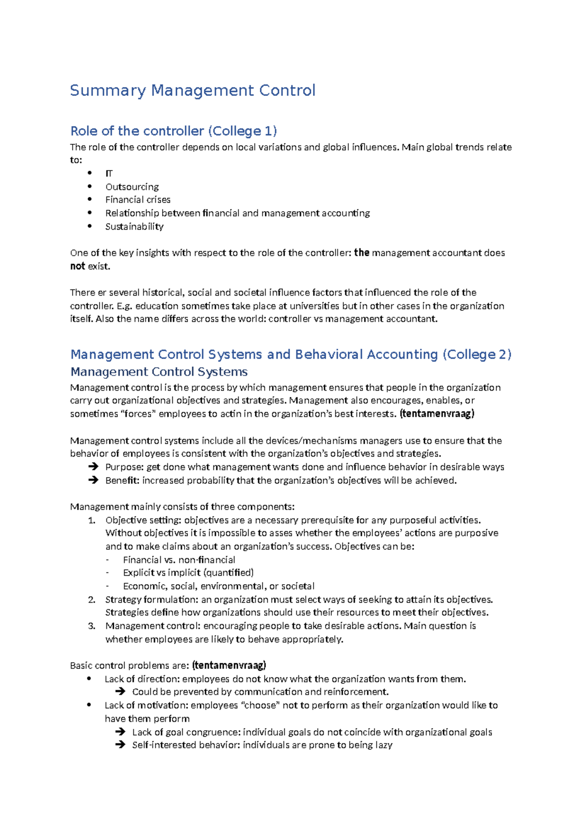 Final Exam Summary: Management Control Systems (Course Code: MC101 ...