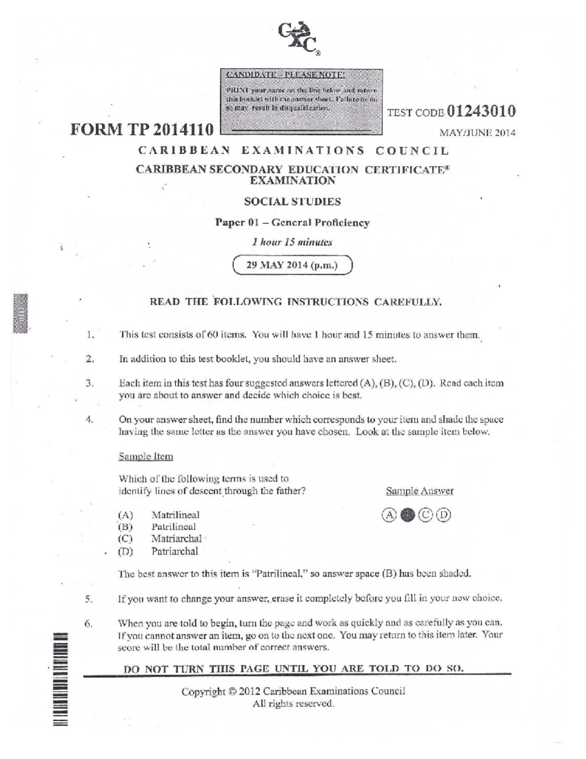 June 2014 CSEC Social Studies Paper 1 Exam (TP 2014110) - Studocu