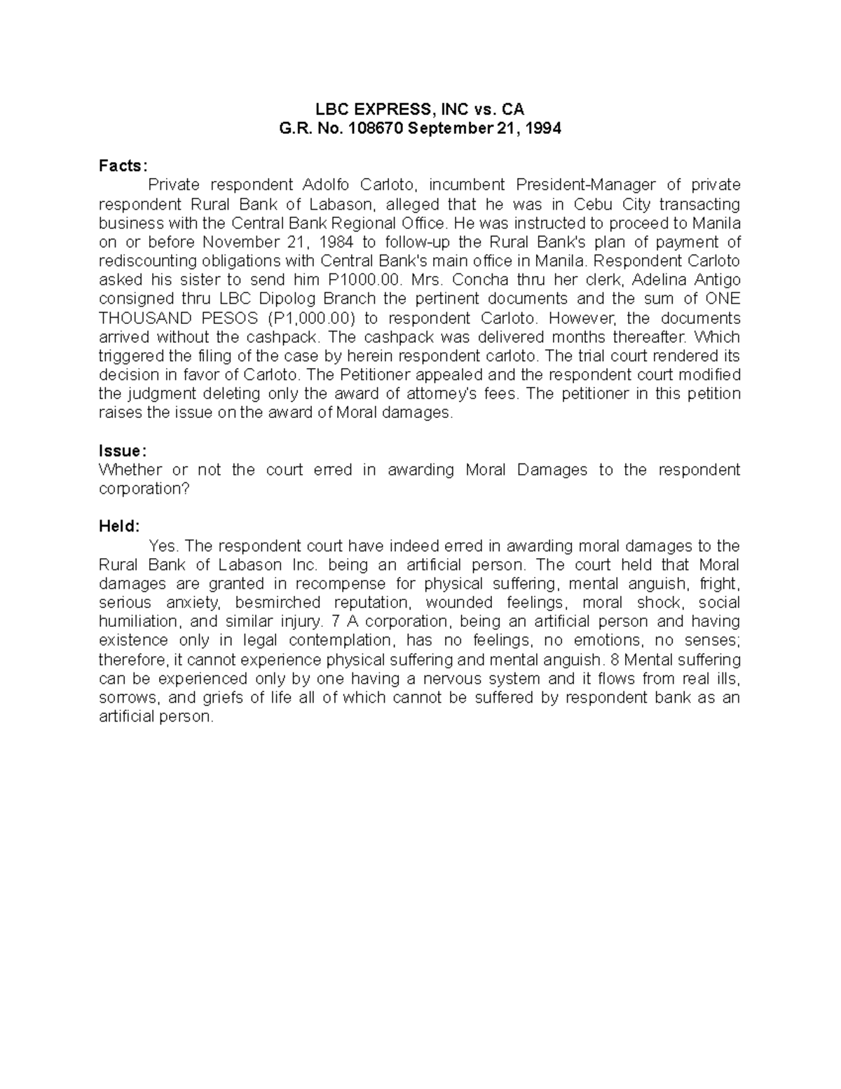 LBC Express Case Study: Moral Damages in Corporations (G.R. No. 108670 ...