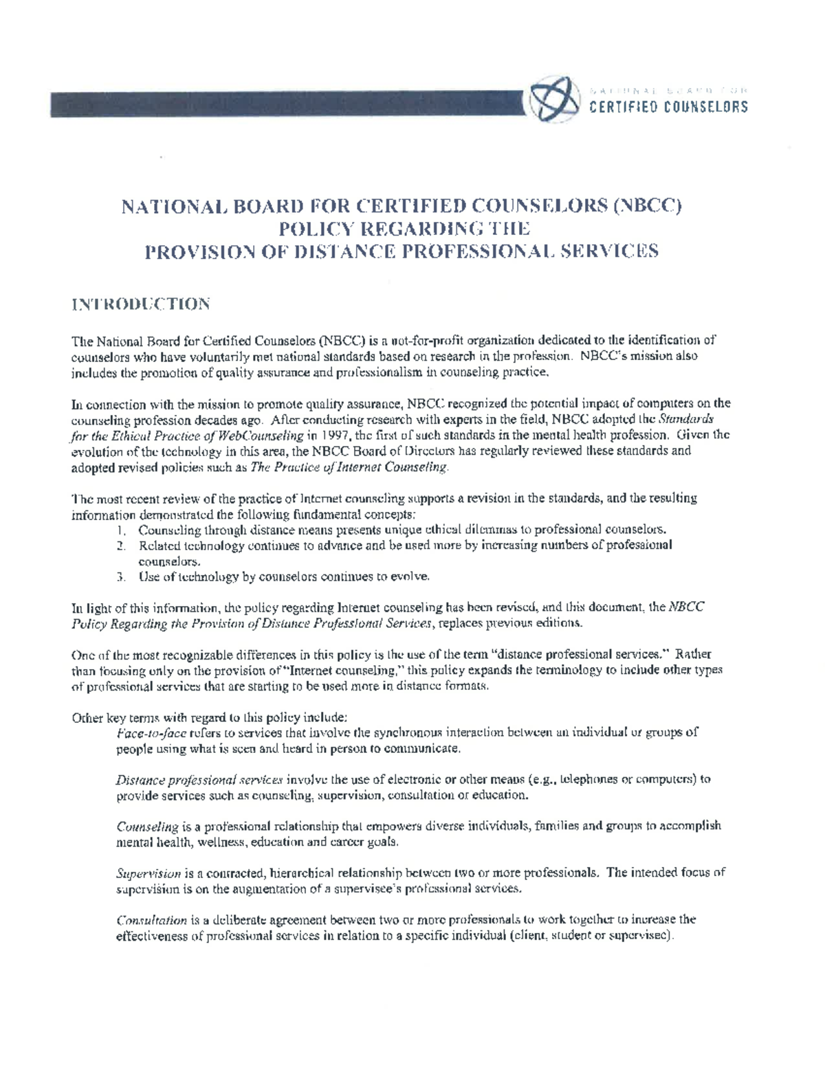 NBCC Policy Regarding the Provision of Distance Professional Services ...