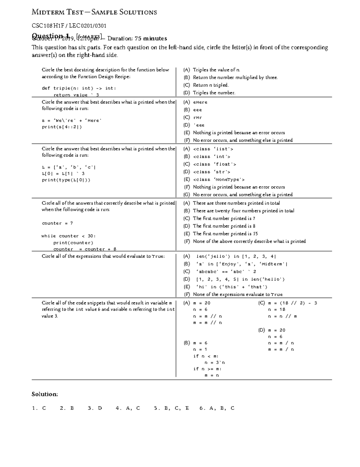 CSC108H1F Midterm Exam Questions and Solutions (2019) - Studocu